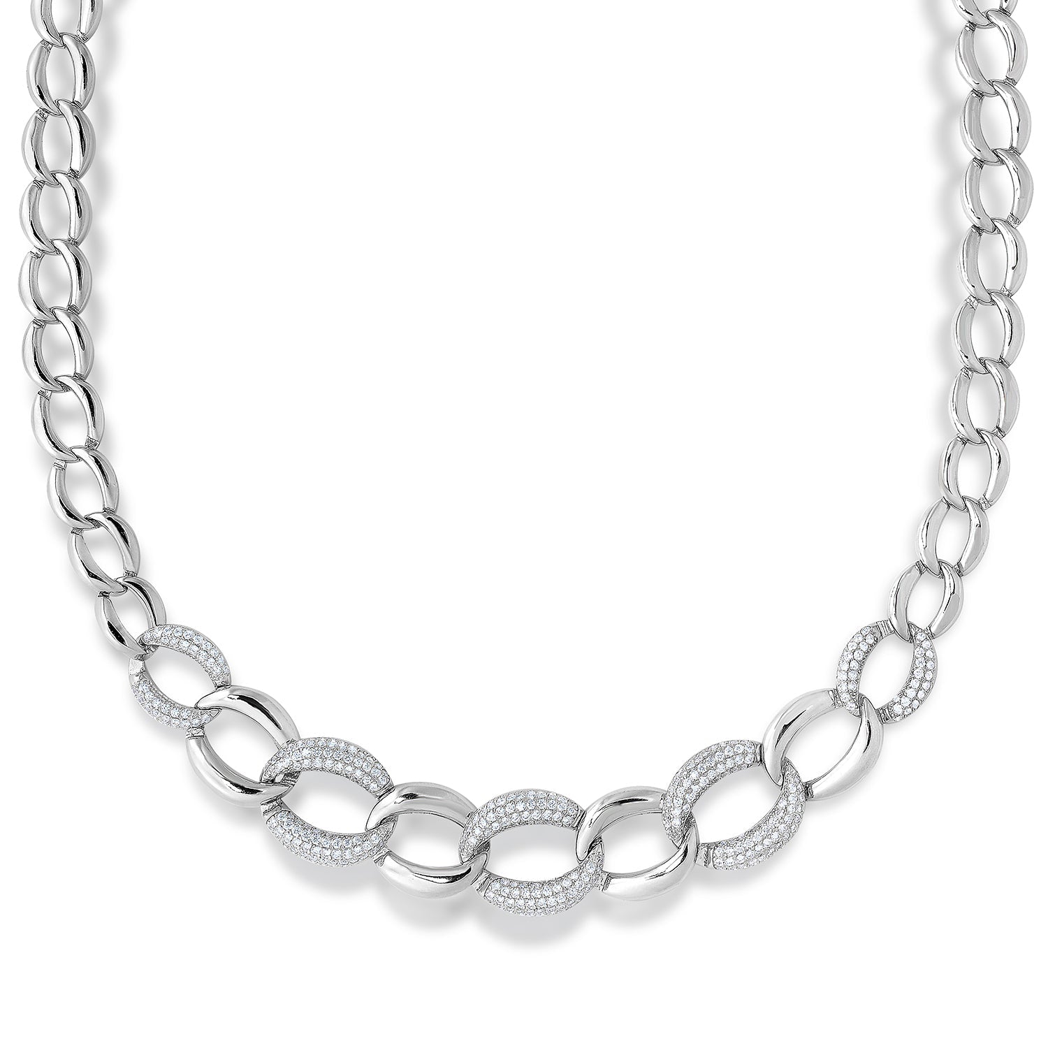 Solid 925 Sterling Silver Cuban Link Necklace. Set With Pave Brilliant CZ Stones. 18 Inch