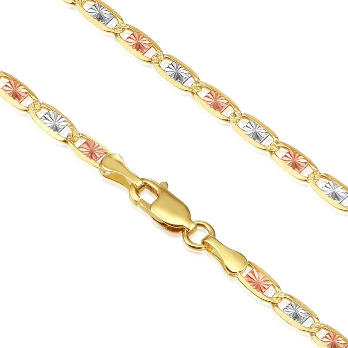 14K Solid Yellow Gold Tri-Color Valentino Link Chain Necklace 2.5mm-3.5mm. 16-20