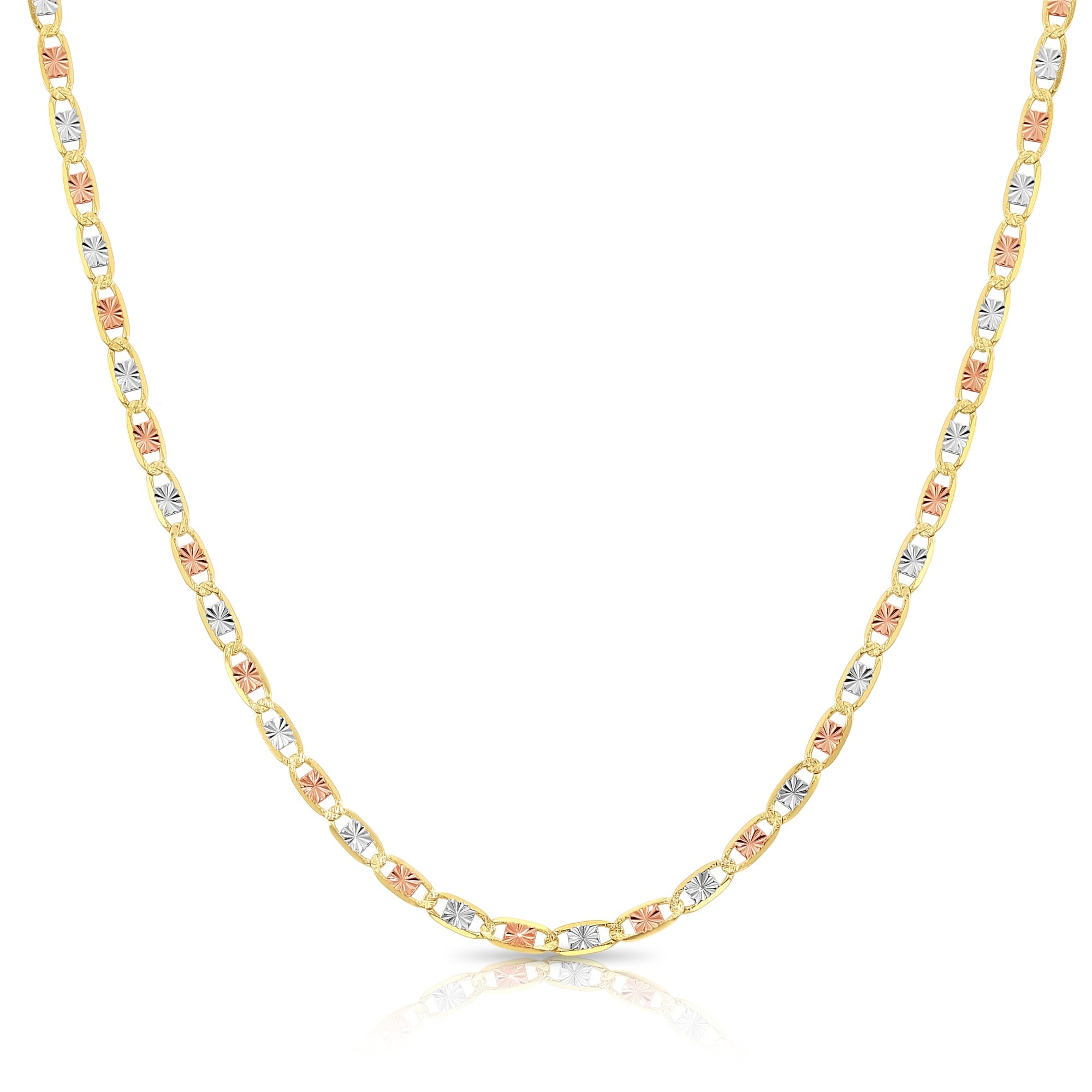 14K Solid Yellow Gold Tri-Color Valentino Link Chain Necklace 2.5mm-3.5mm. 16-20