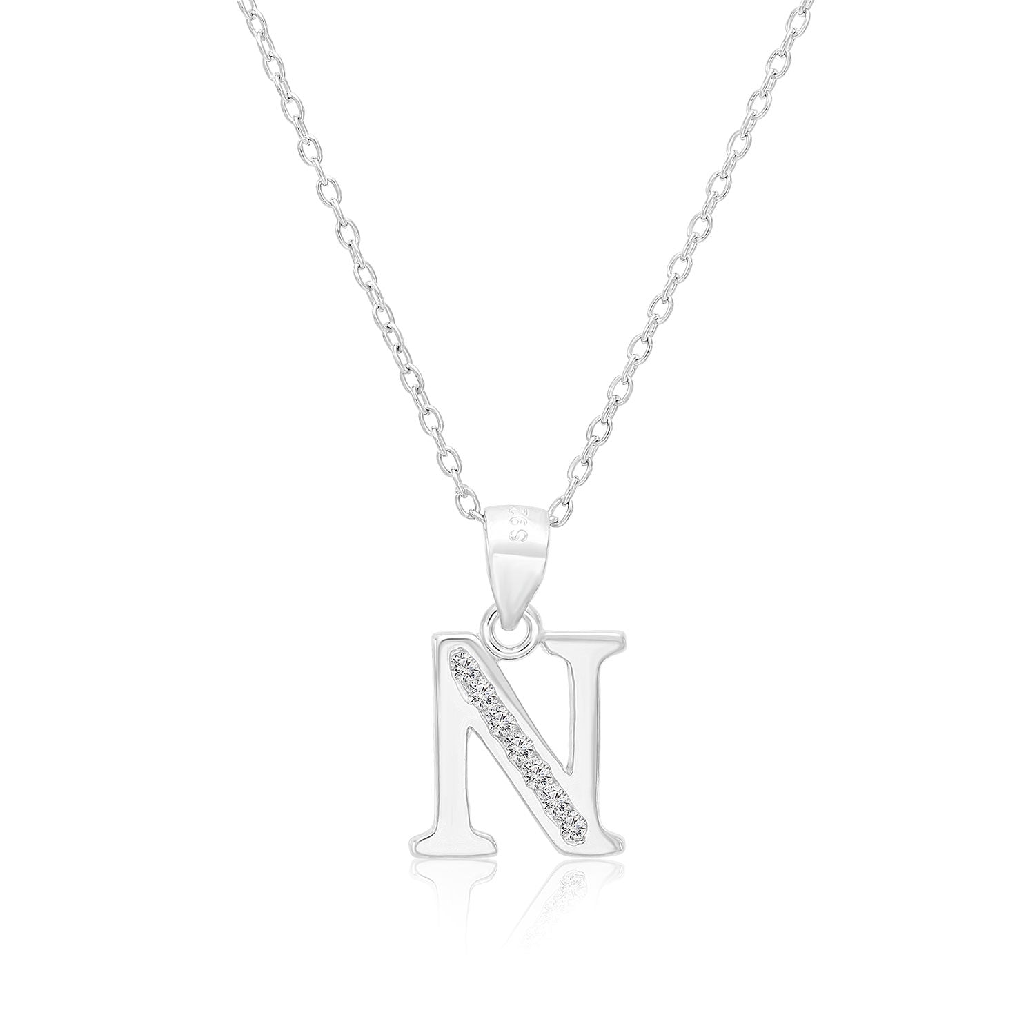 CZ Initial Charm Necklace. All Letters in Sterling Silver