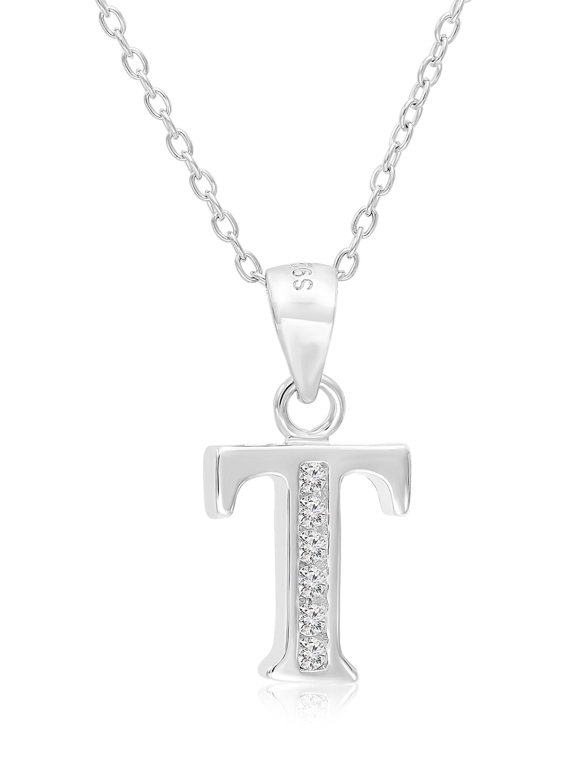 CZ Initial Charm Necklace. All Letters in Sterling Silver