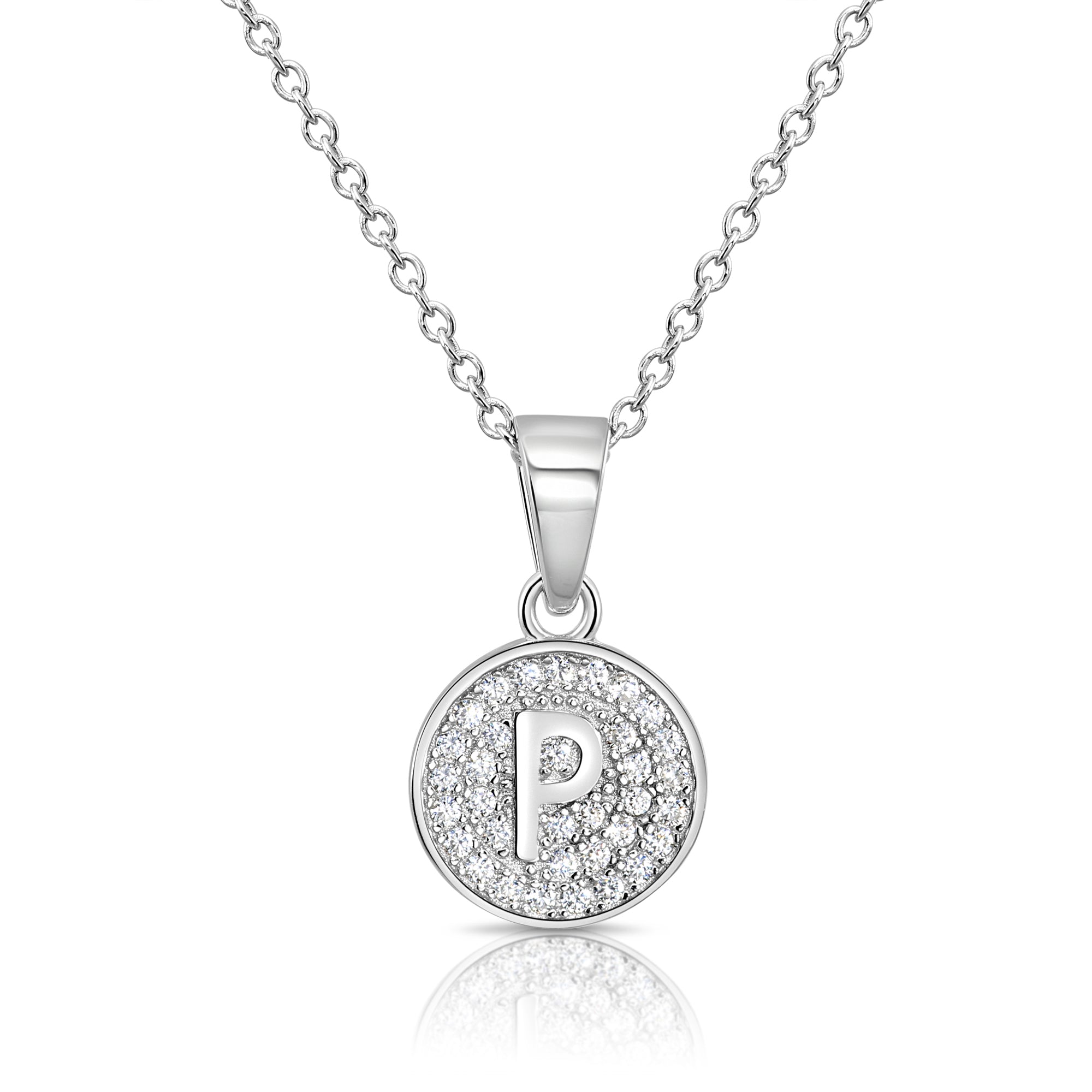 CZ Initial Round Charm Necklace (Letters A-Z) 16 18 in Sterling Silver