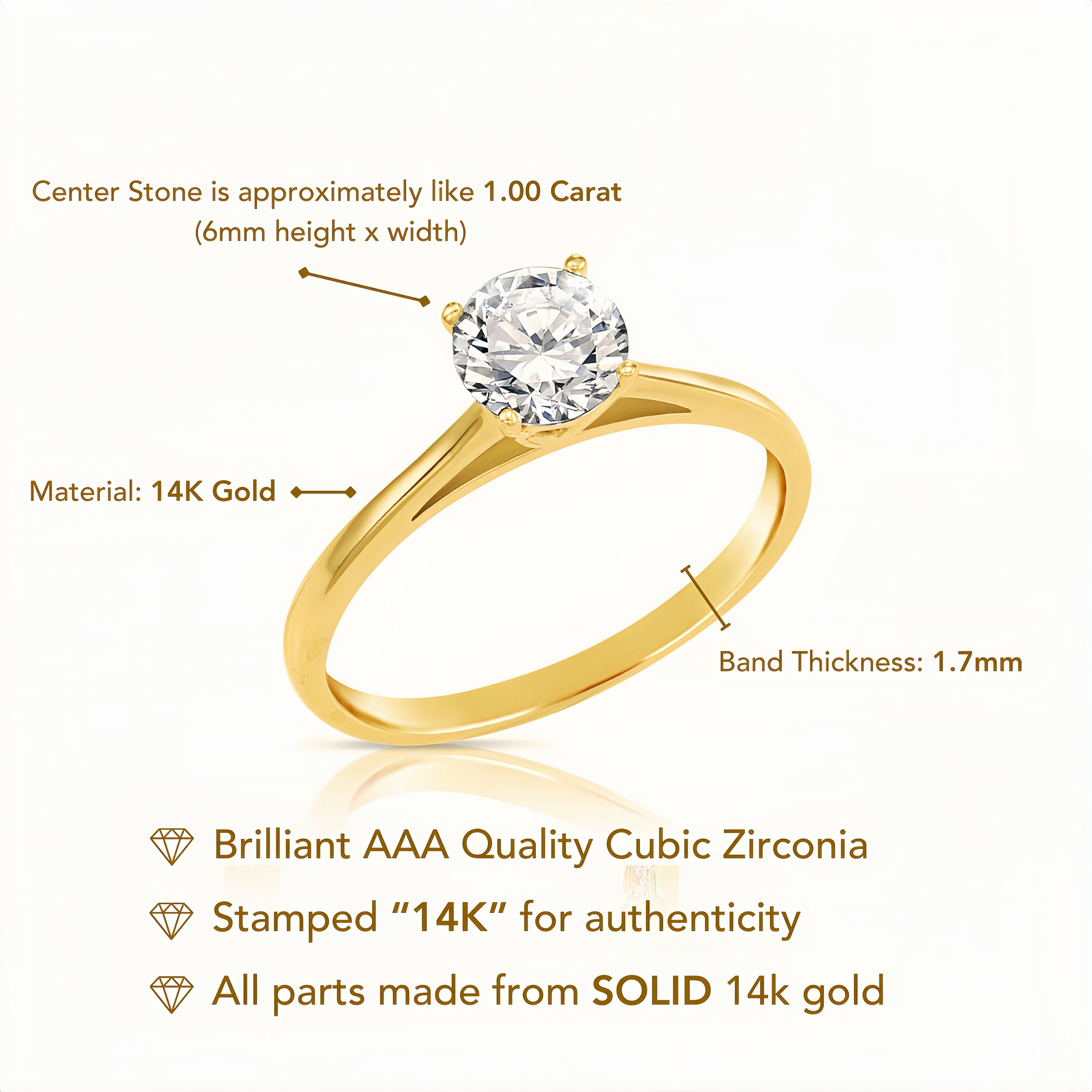 Solid 14k Gold Round CZ Ring. Engagement & Promise Ring. 1 Ct Size