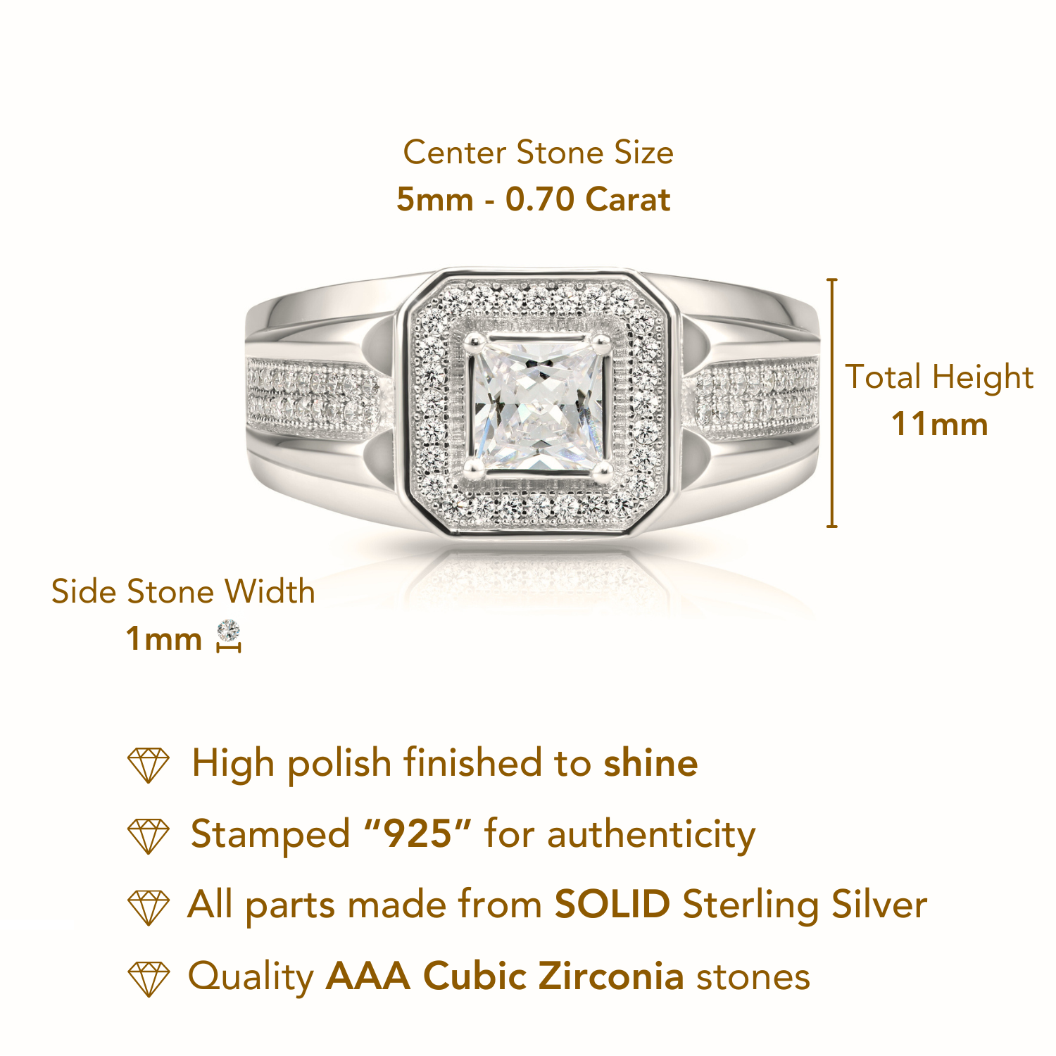 Solid 925 Sterling Silver Solitaire Princess-Cut Square Pave Wedding Pinky Ring