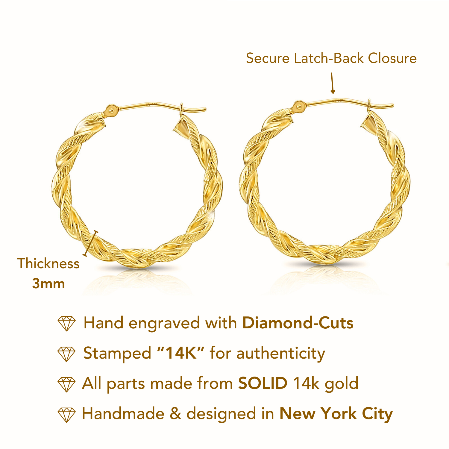 14k Yellow Gold Twisted Round Hoop Earrings with Hand Engraved Design