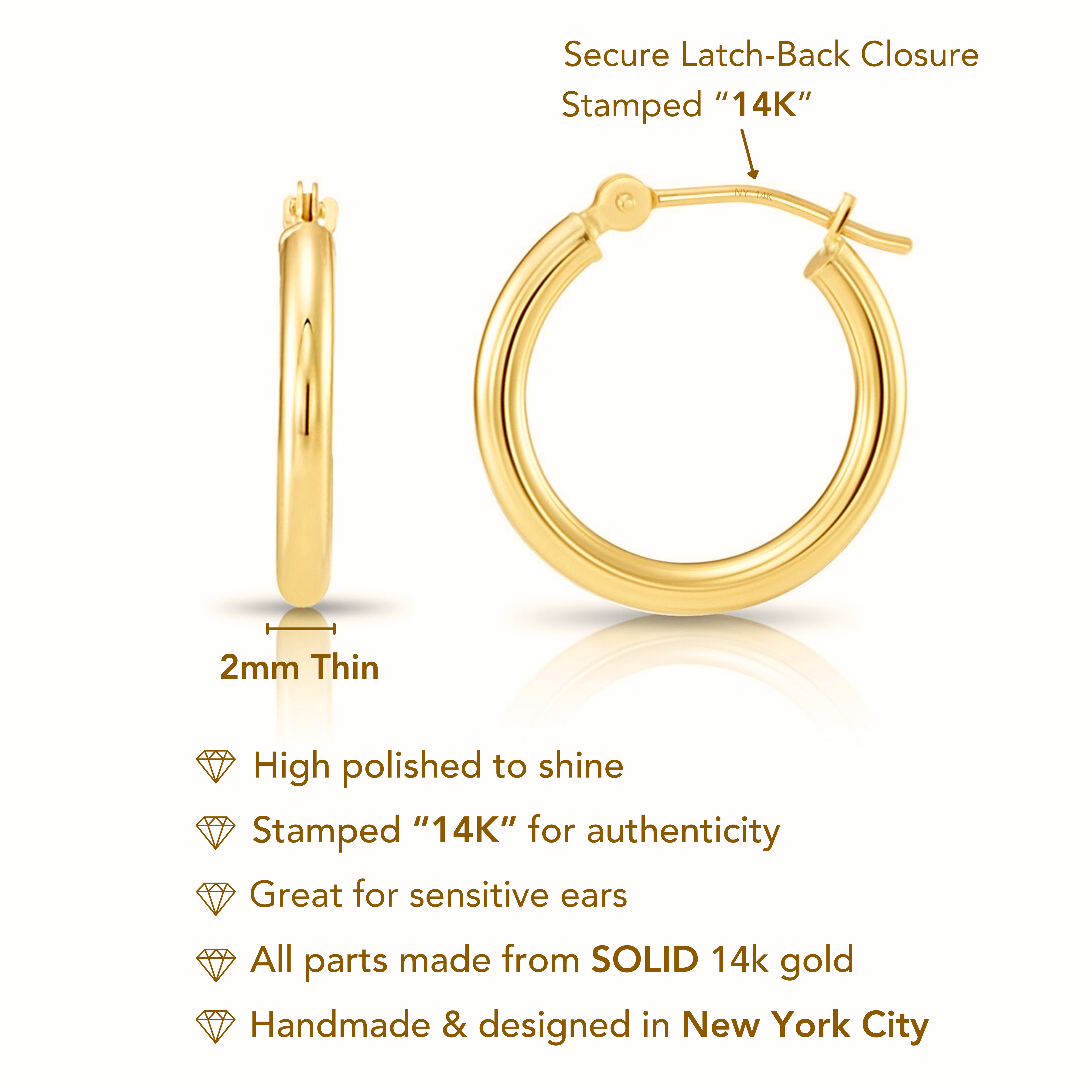 14k Yellow Gold Classic Hoop Earrings. 2mm