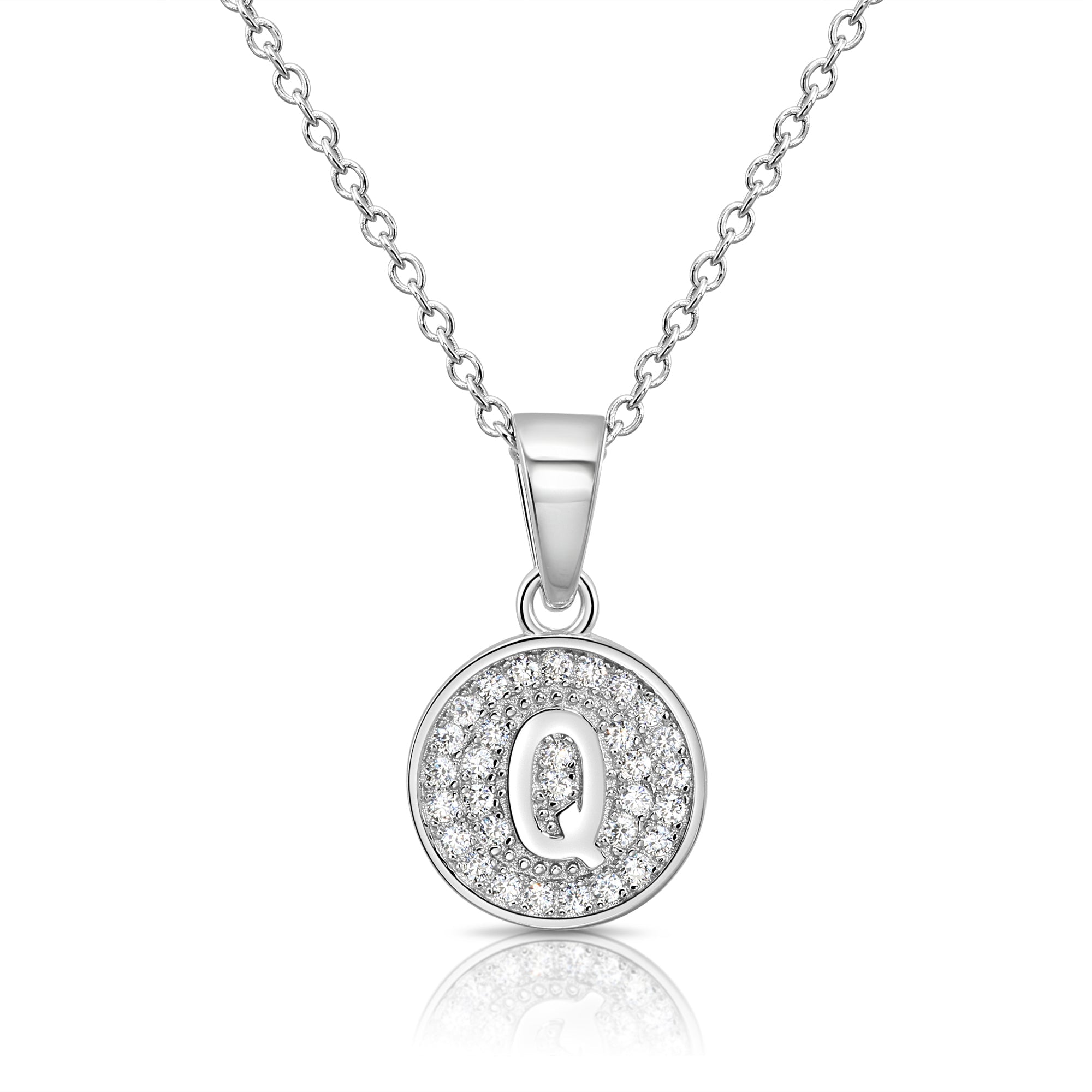 CZ Initial Round Charm Necklace (Letters A-Z) 16 18 in Sterling Silver