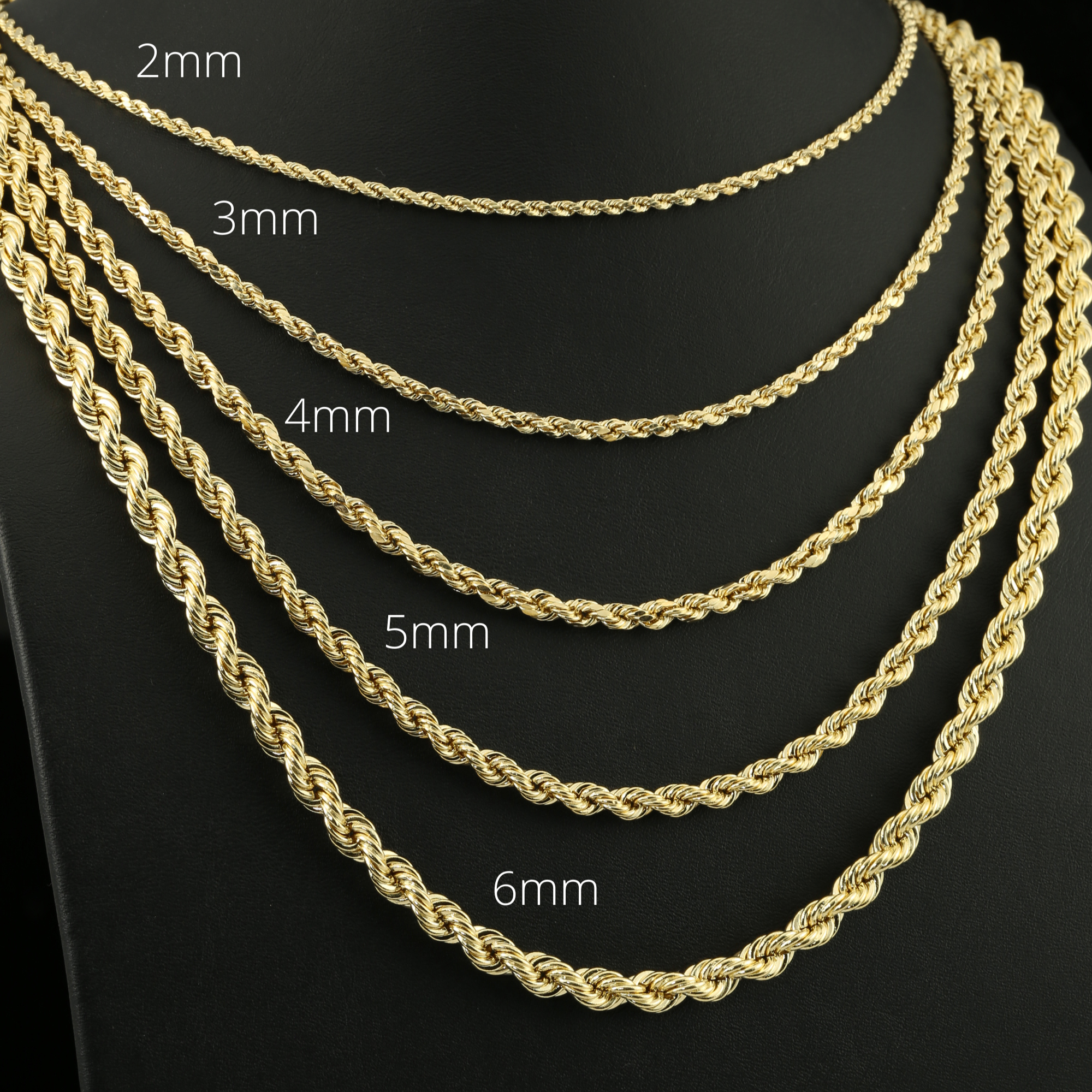 14K Yellow Gold Rope Chains. Solid 14k Gold Necklace With Secure Lobster Lock