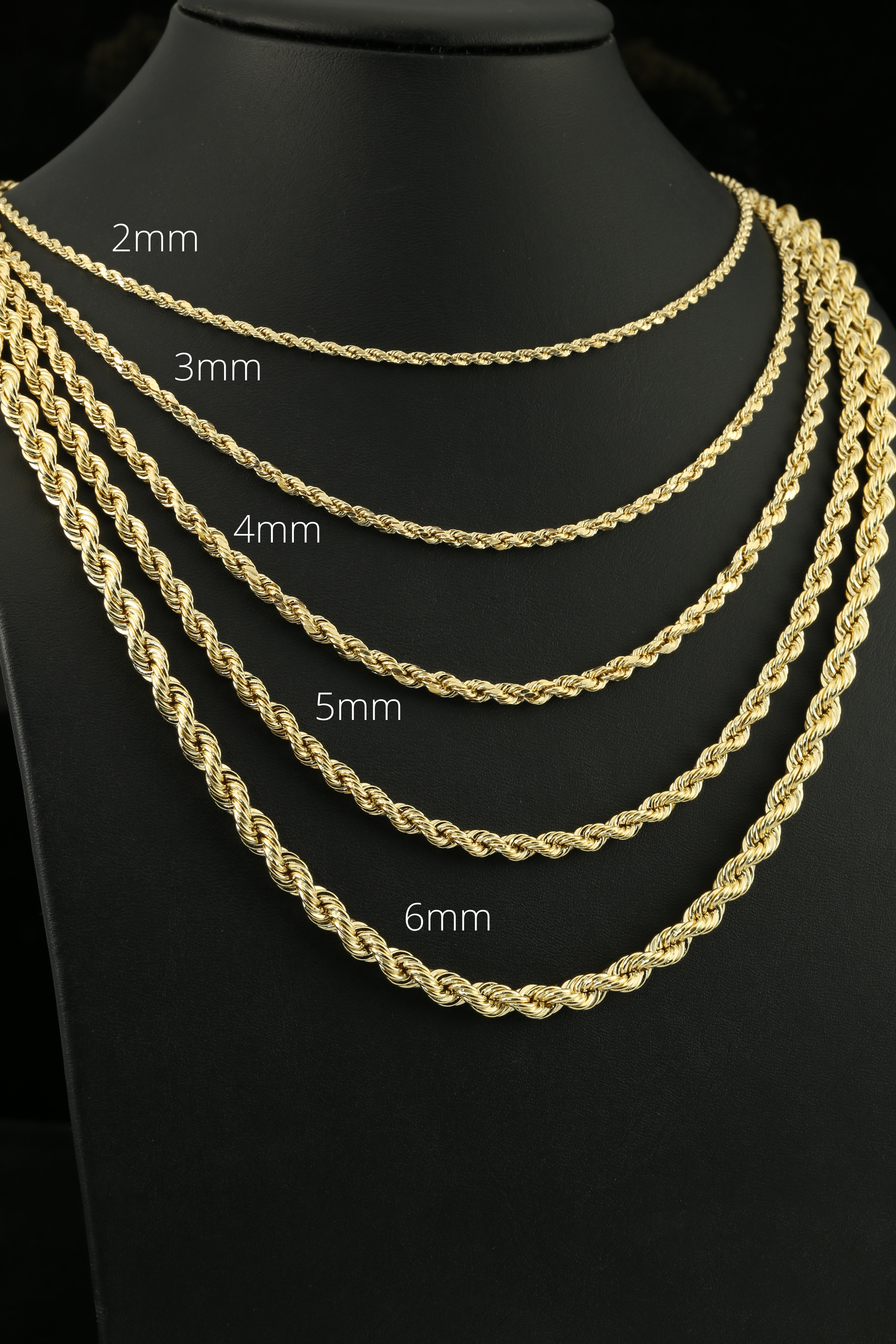 14K Yellow Gold Rope Chains. Solid 14k Gold Necklace With Secure Lobster Lock