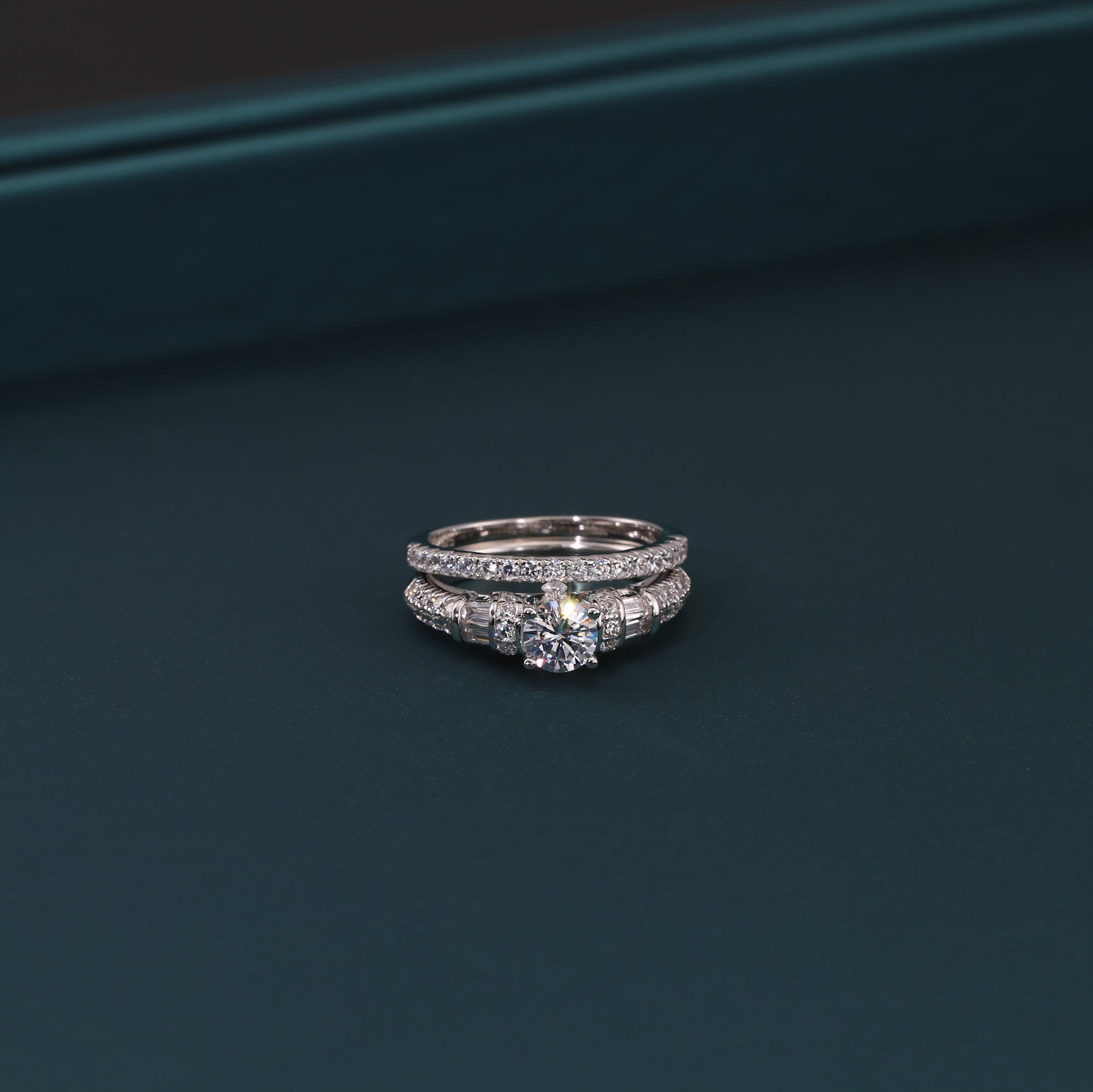 925 Sterling Silver Engagement Ring Set. 2 Carat Total Round Brilliant-cut Cubic Zirconia. Two Tier Stackable Ring