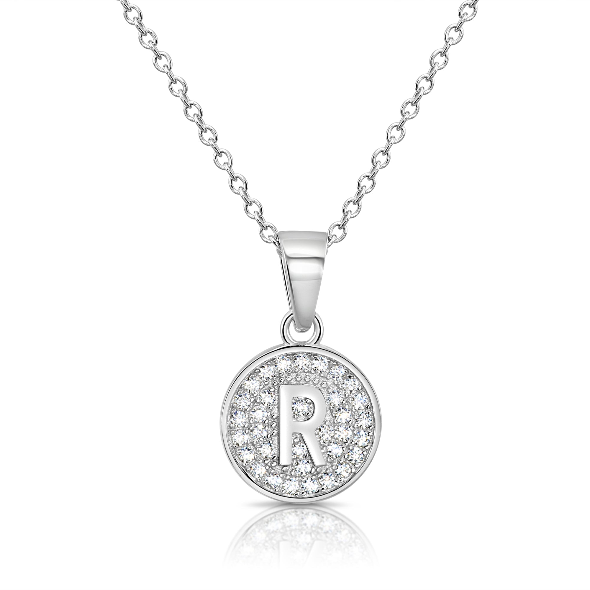 CZ Initial Round Charm Necklace (Letters A-Z) 16 18 in Sterling Silver