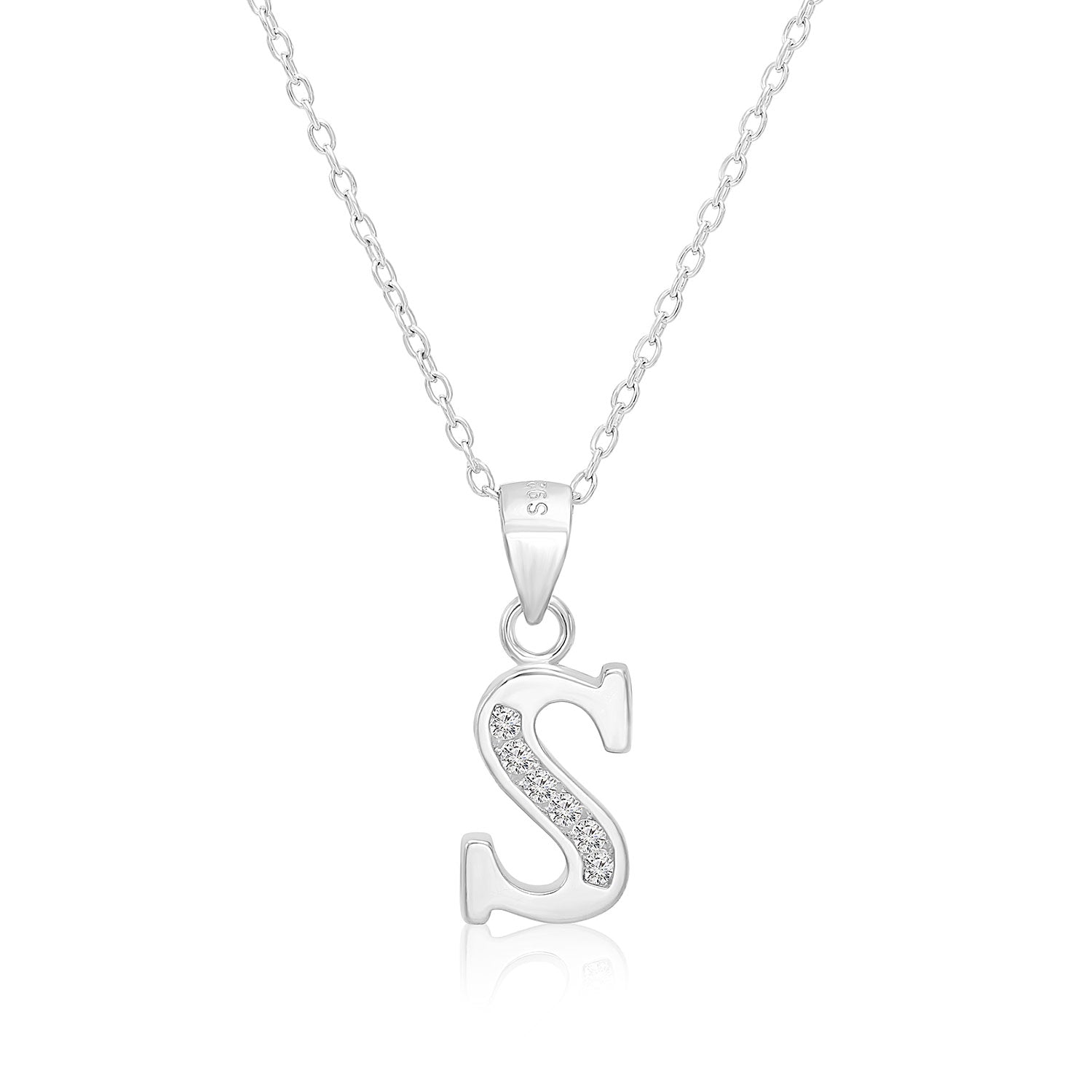 CZ Initial Charm Necklace. All Letters in Sterling Silver