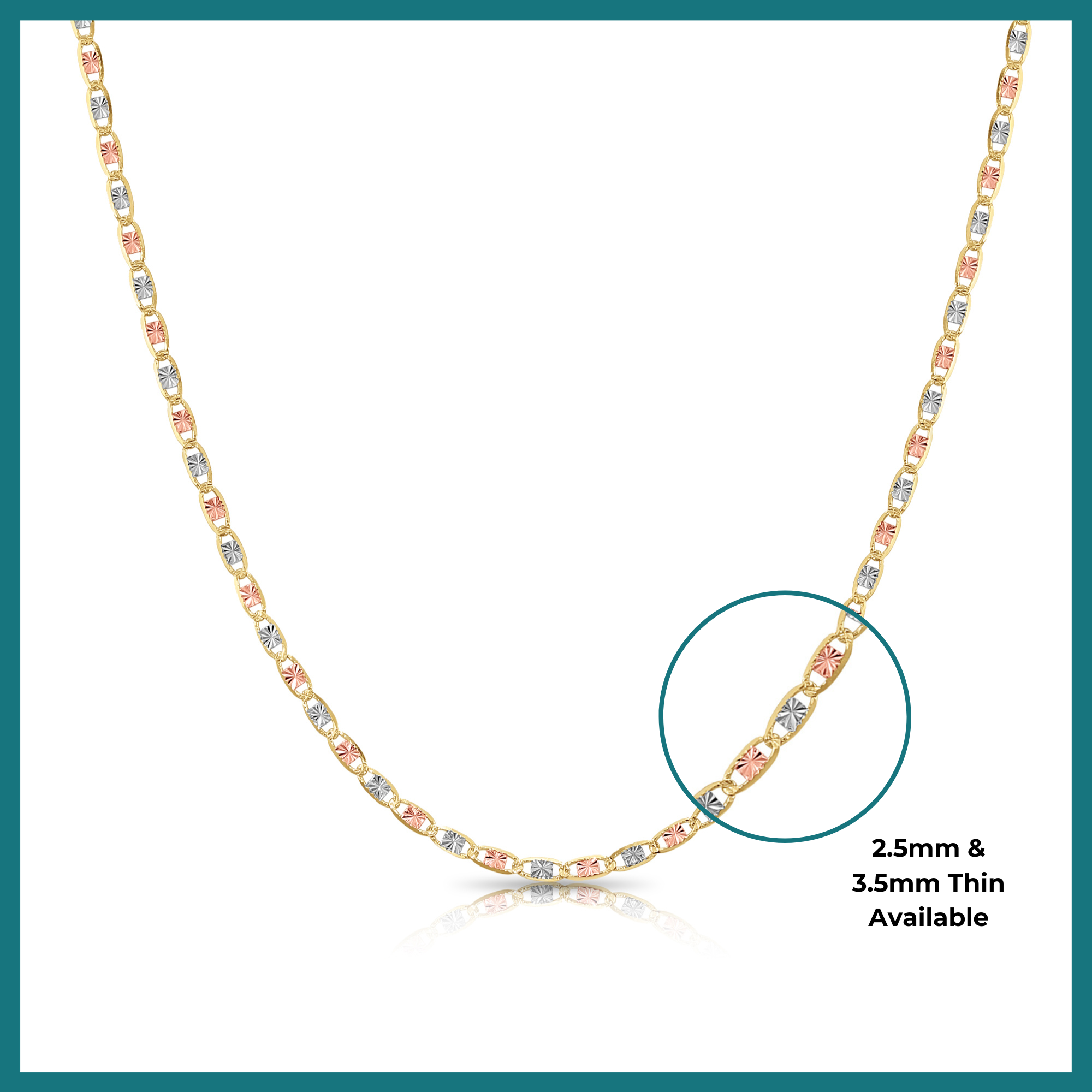 14K Solid Yellow Gold Tri-Color Valentino Link Chain Necklace 2.5mm-3.5mm. 16-20