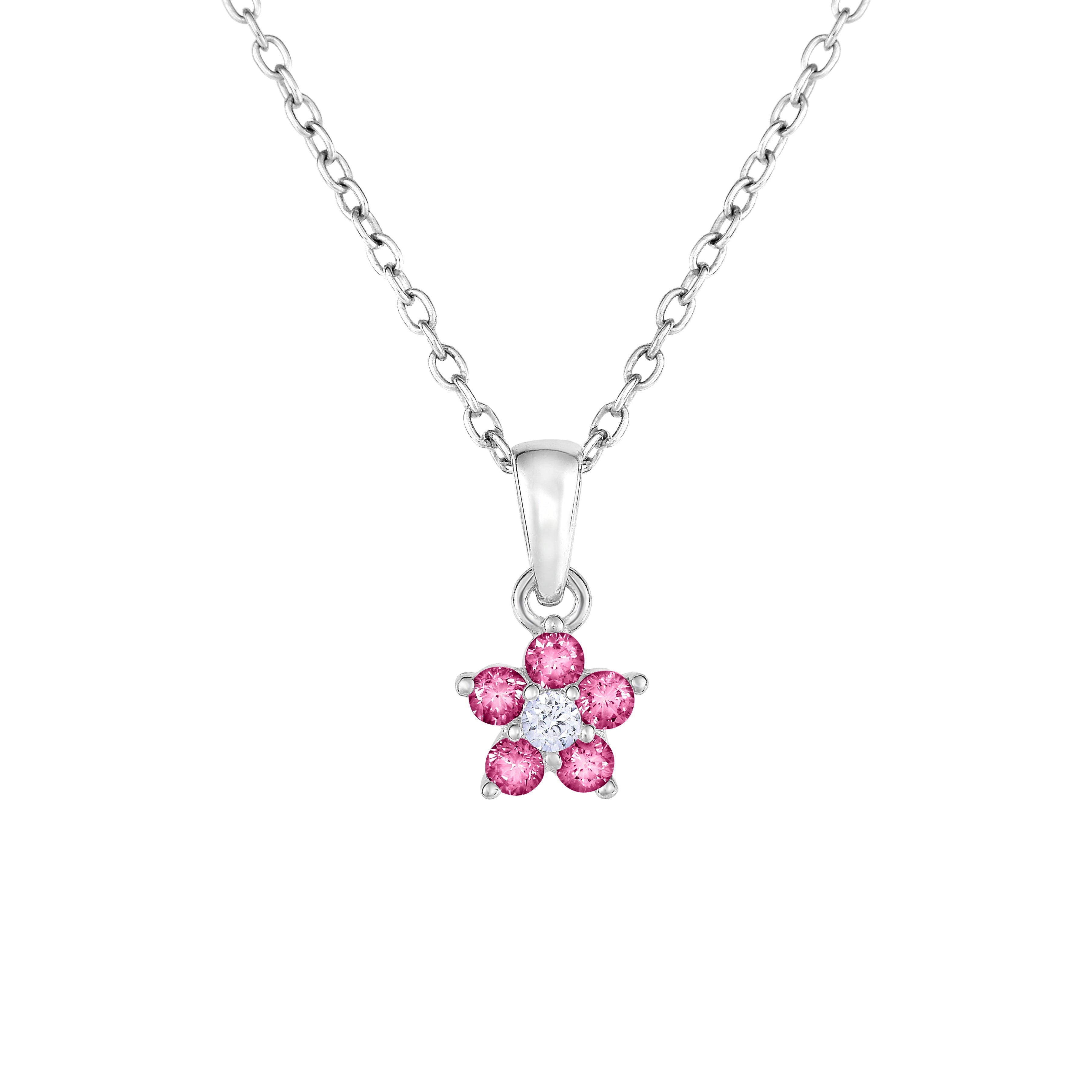 CZ Small Birthstone Flower Charm Necklace in Sterling Silver