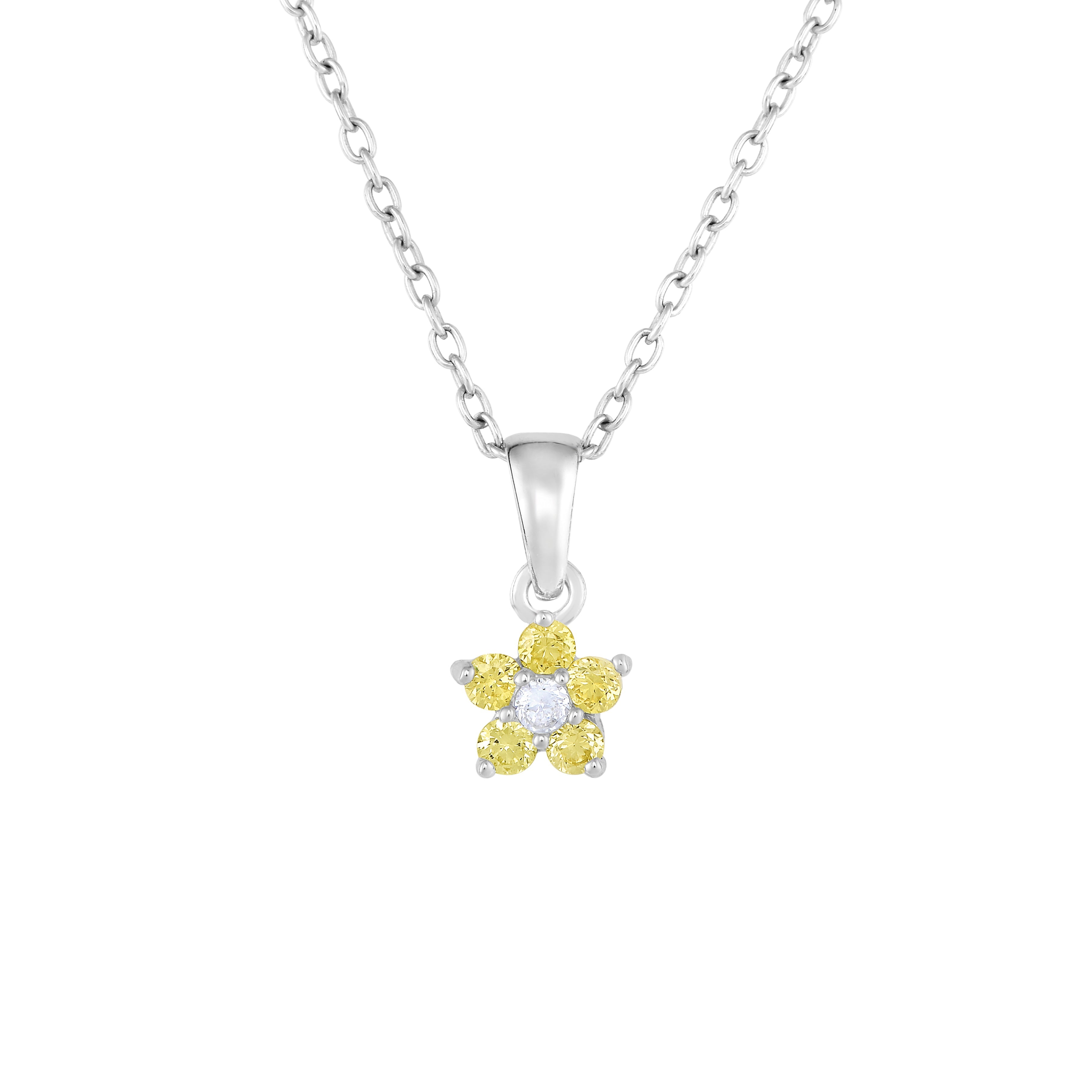 CZ Small Birthstone Flower Charm Necklace in Sterling Silver