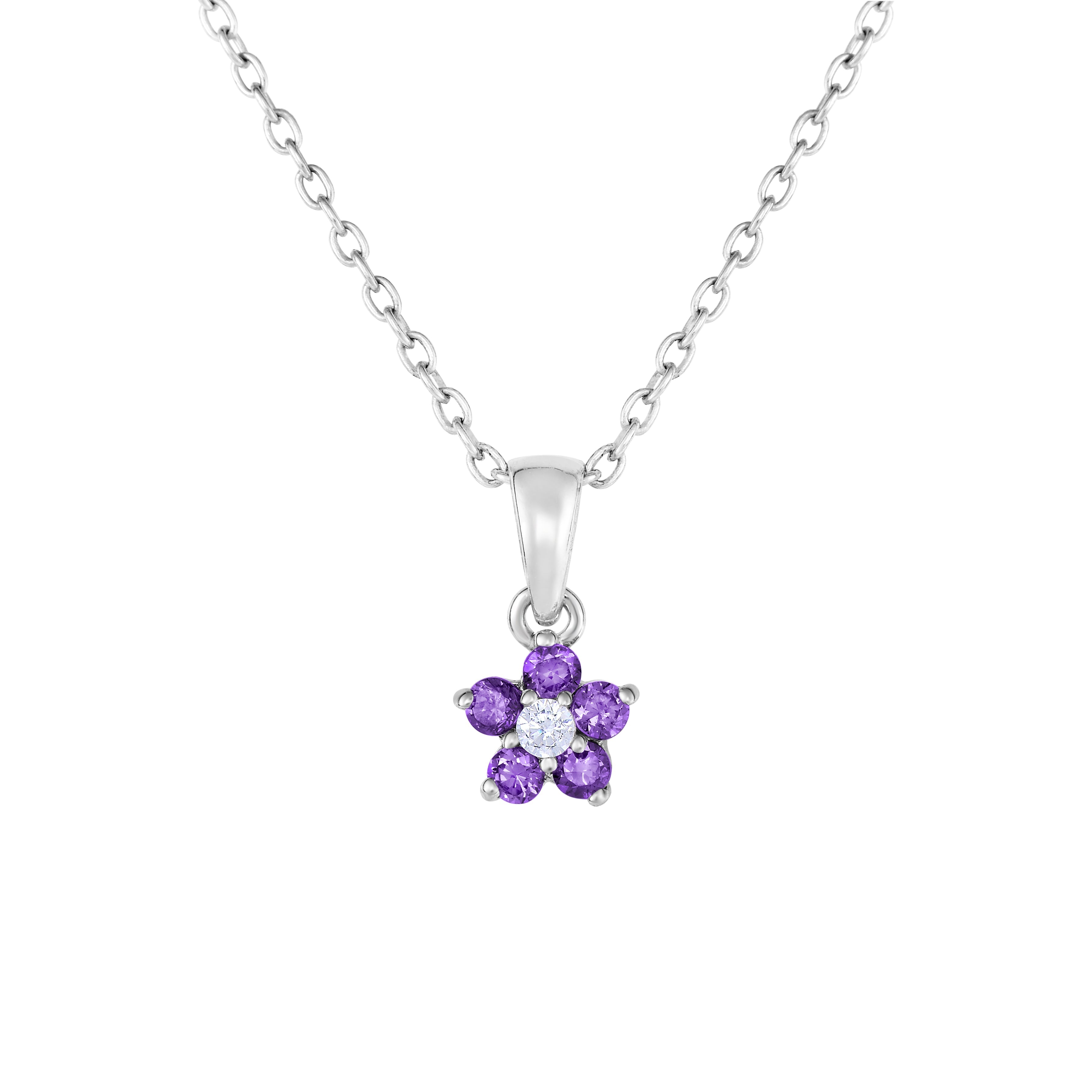 CZ Small Birthstone Flower Charm Necklace in Sterling Silver