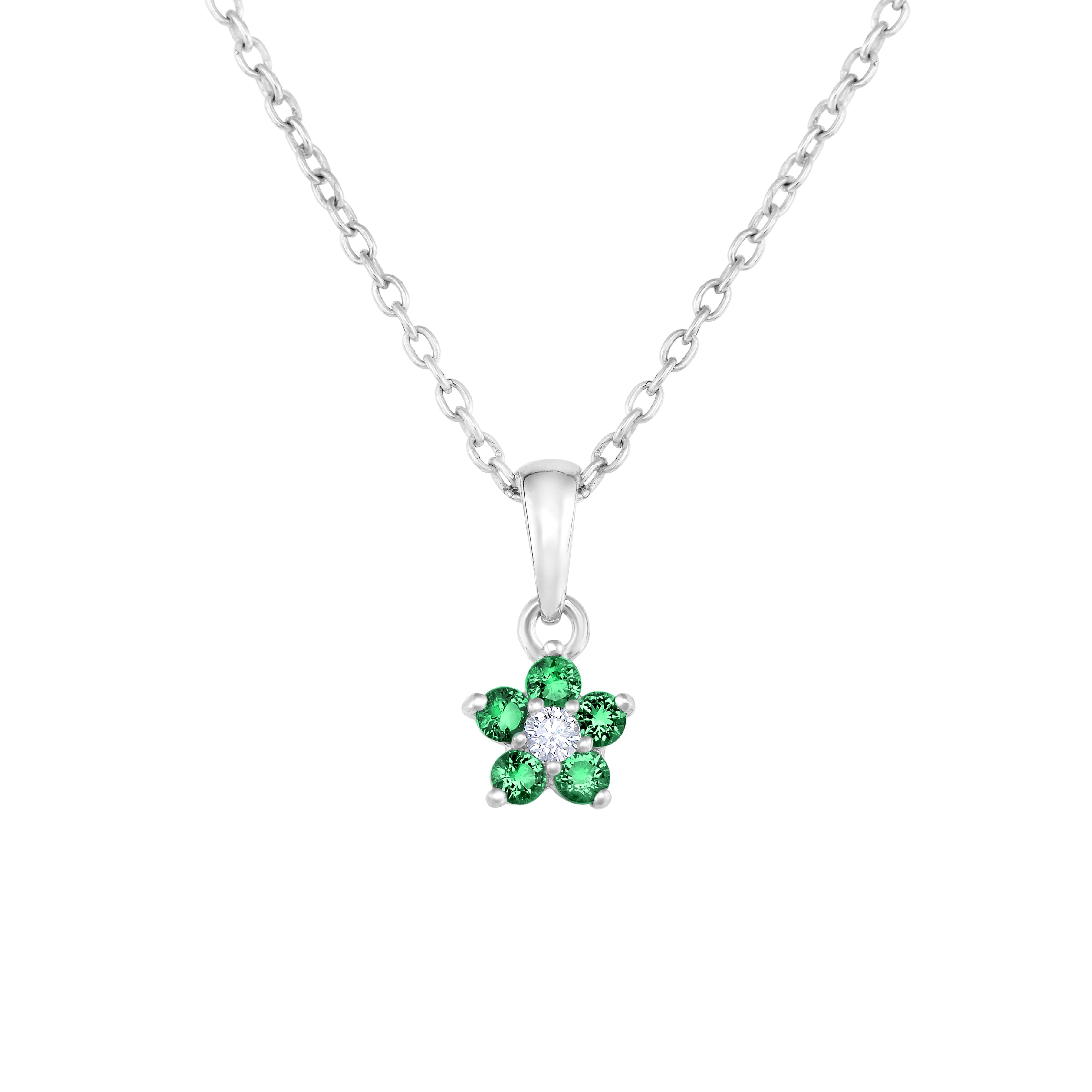 CZ Small Birthstone Flower Charm Necklace in Sterling Silver