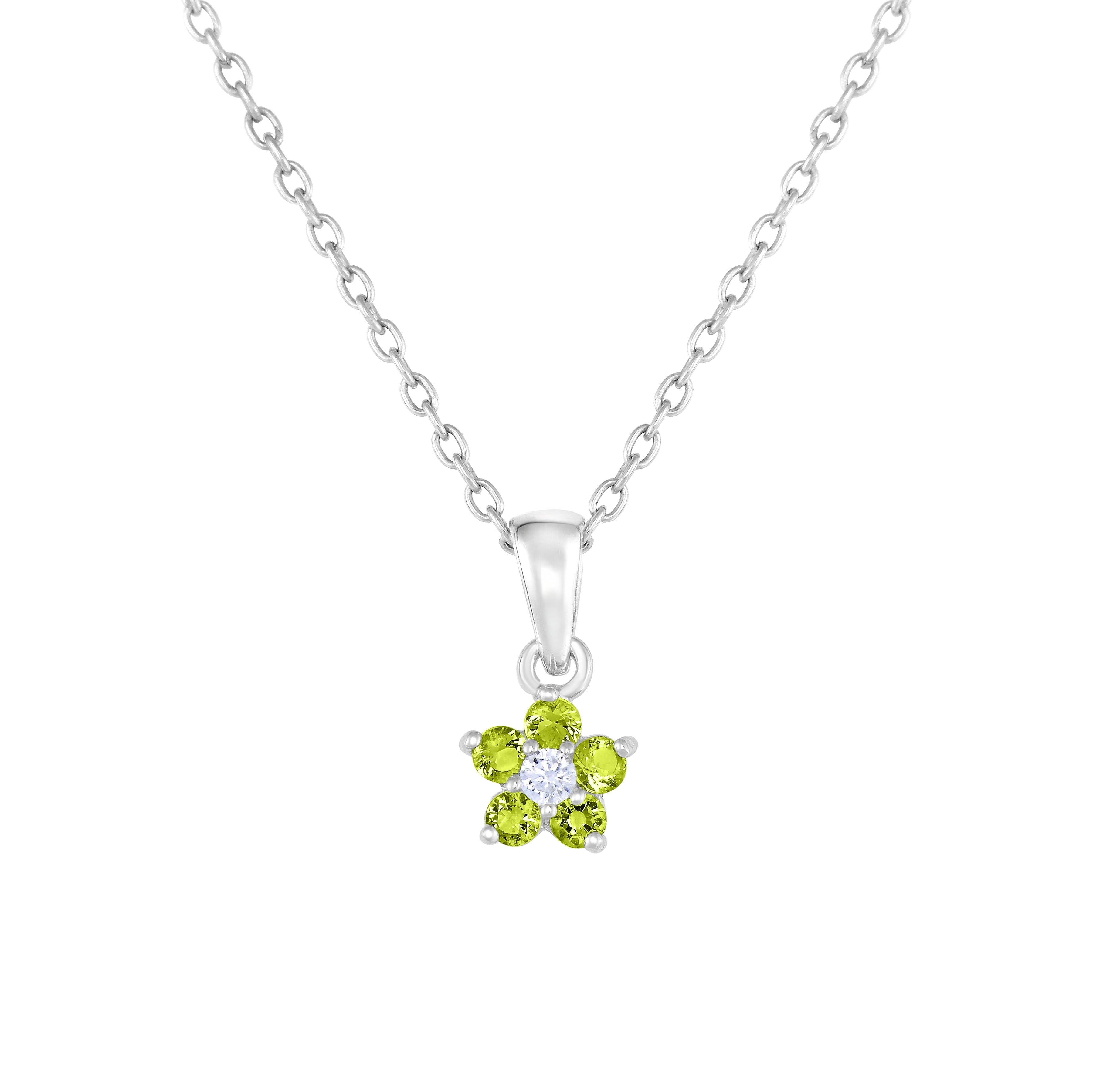 CZ Small Birthstone Flower Charm Necklace in Sterling Silver