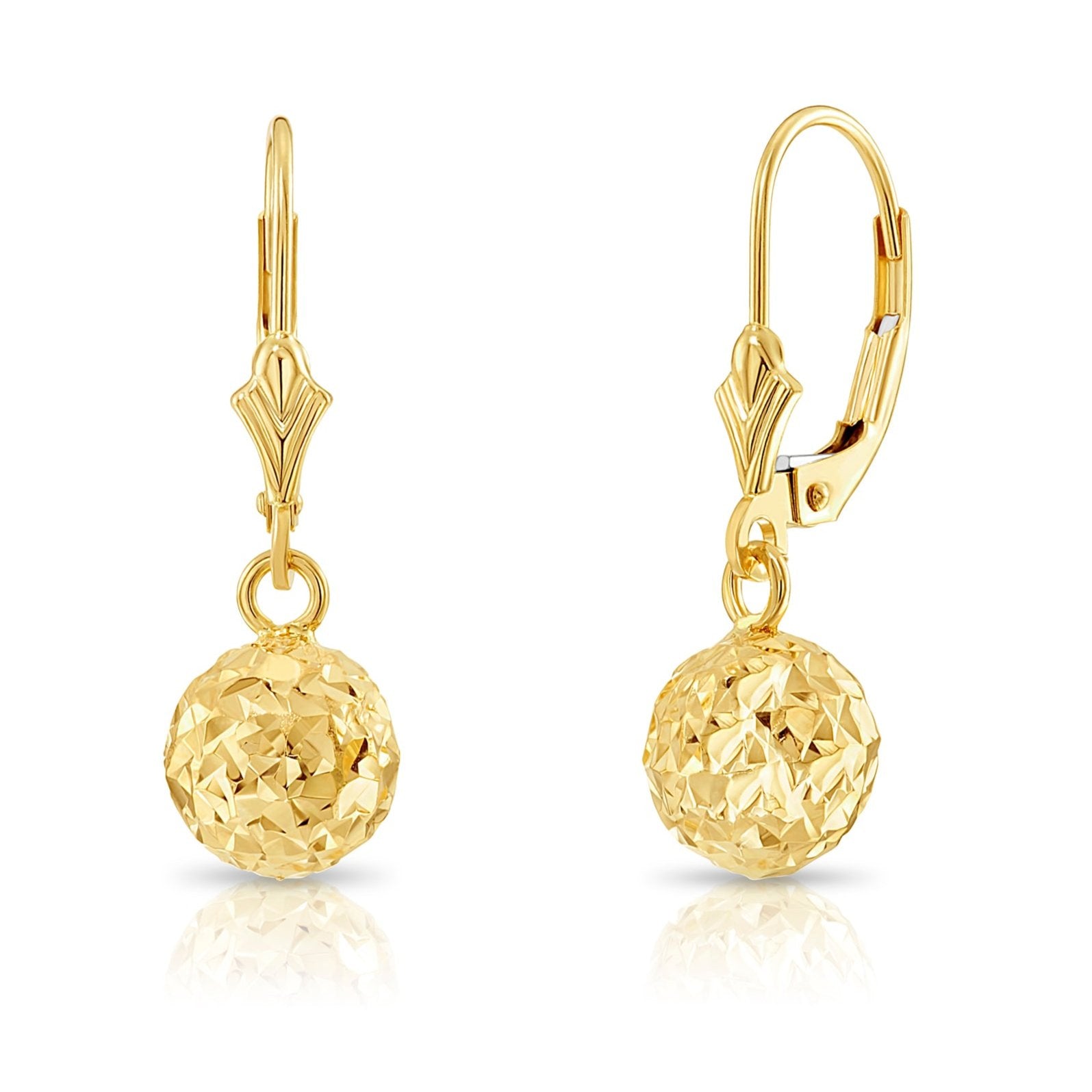 14k Yellow Gold Sparkle Ball Dangle Earrings With Diamond-Cuts