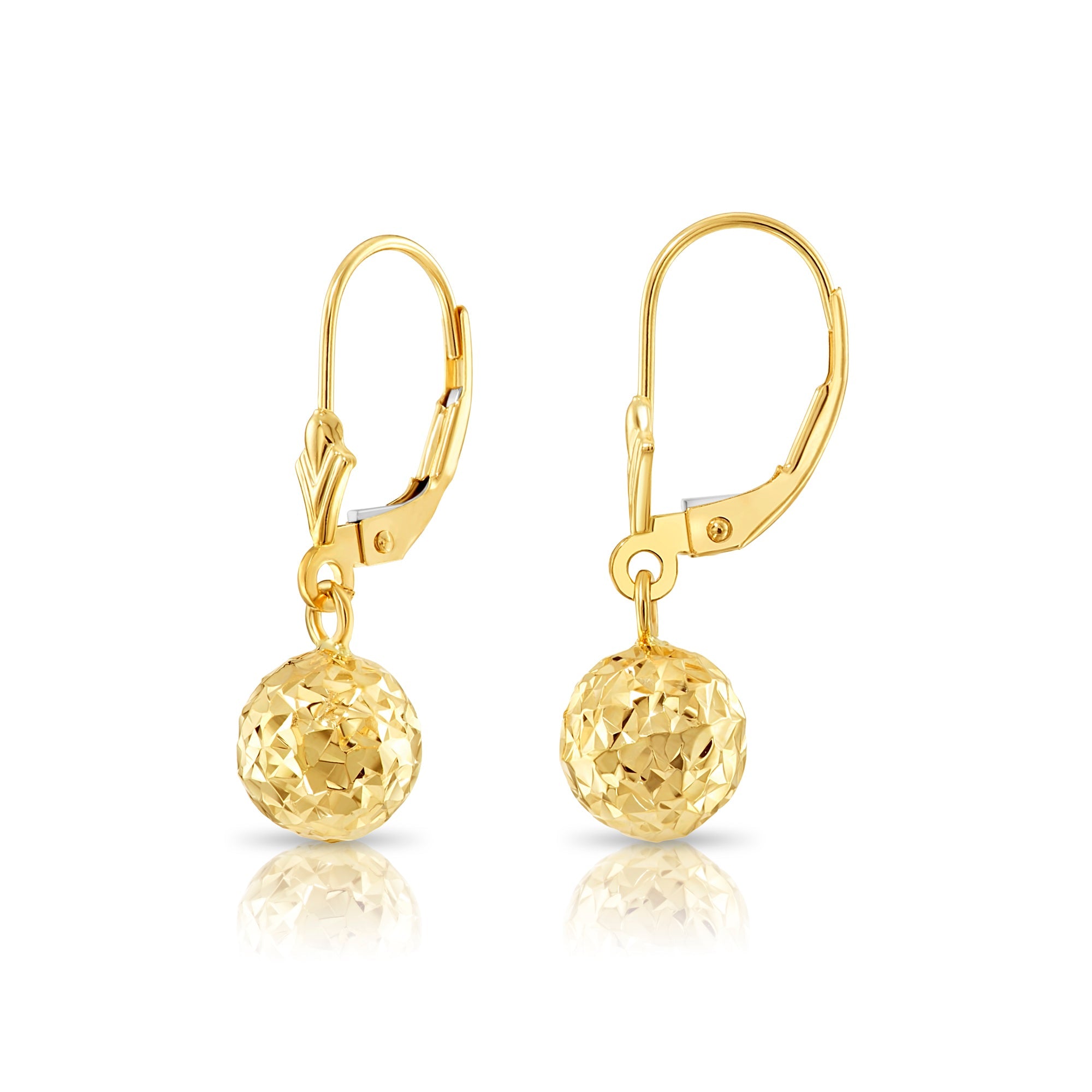 14k Yellow Gold Sparkle Ball Dangle Earrings With Diamond-Cuts