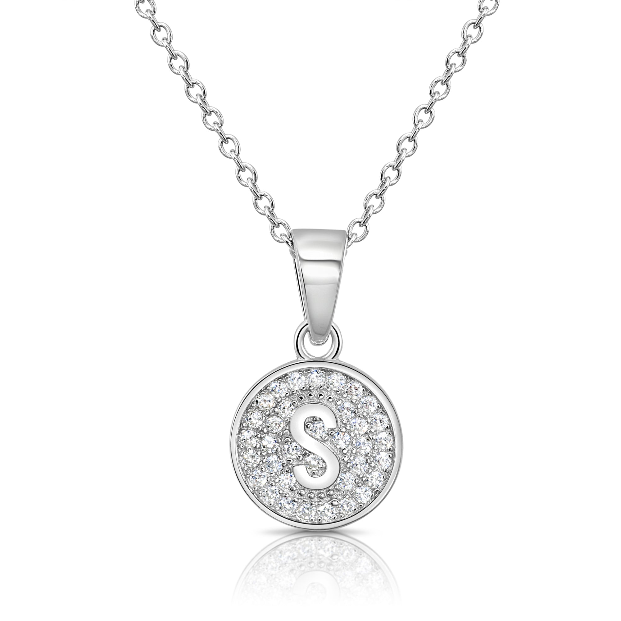 CZ Initial Round Charm Necklace (Letters A-Z) 16 18 in Sterling Silver