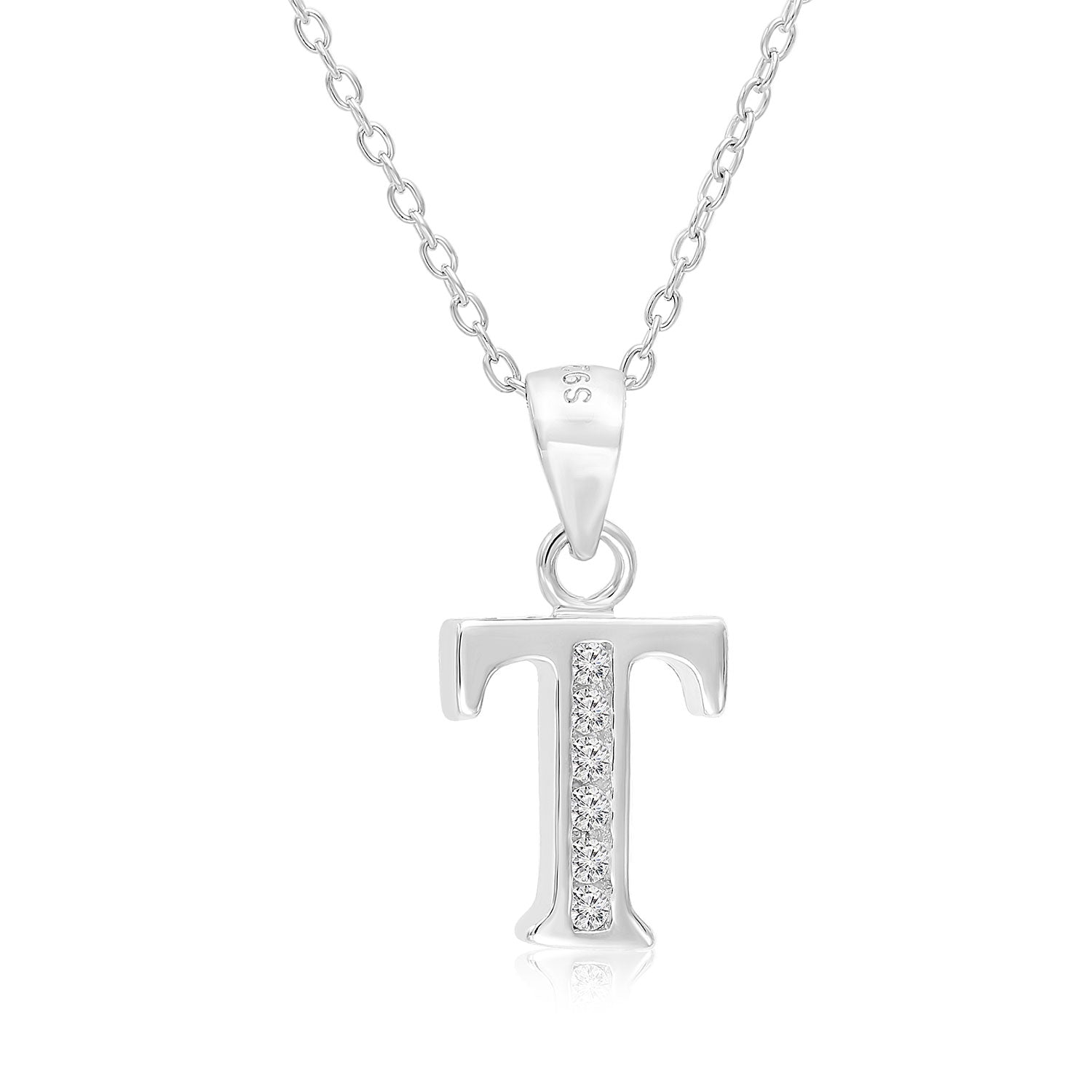 CZ Initial Charm Necklace. All Letters in Sterling Silver