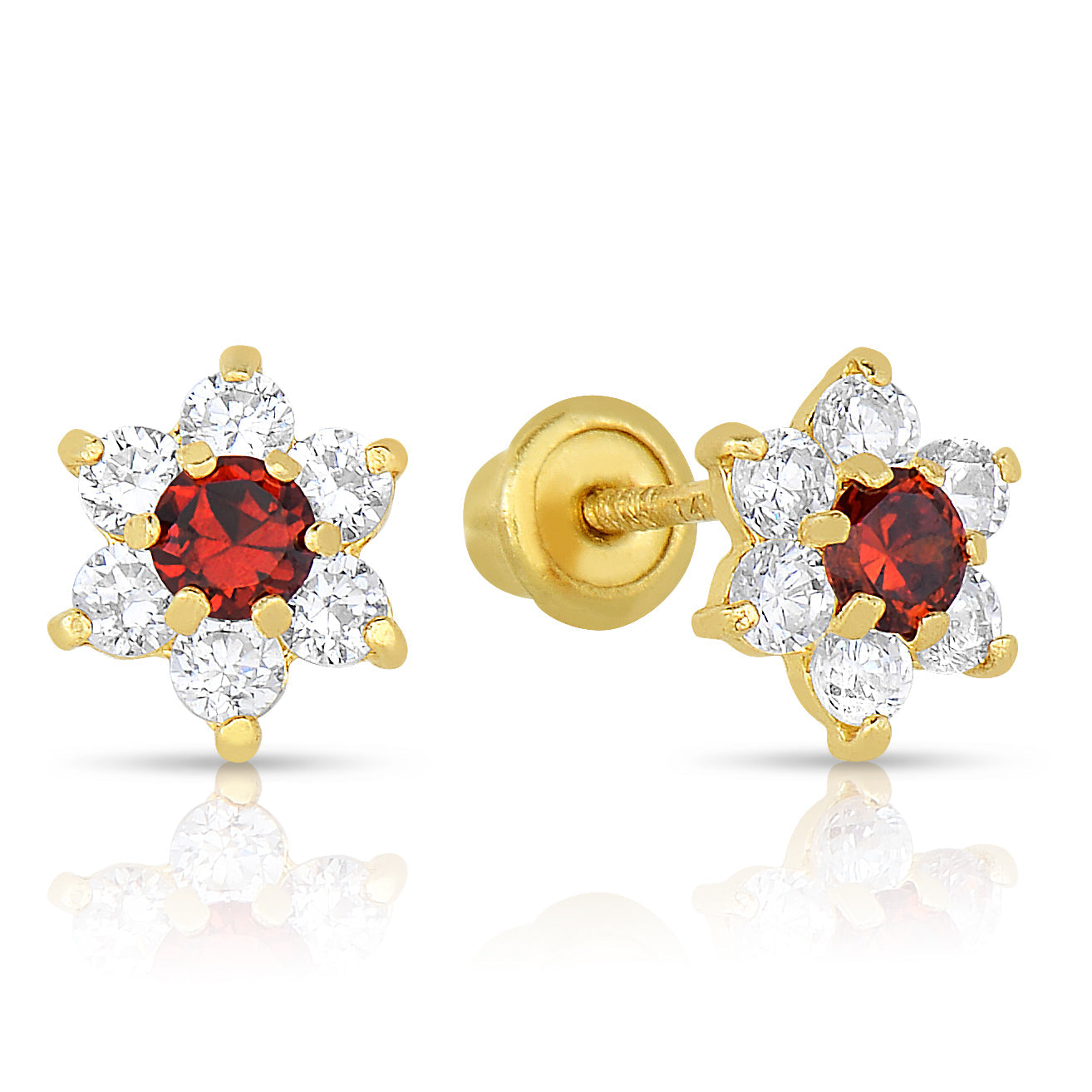 14K Yellow Gold Birthstone Halo Flower Stud Earrings. Available in 12 Colors