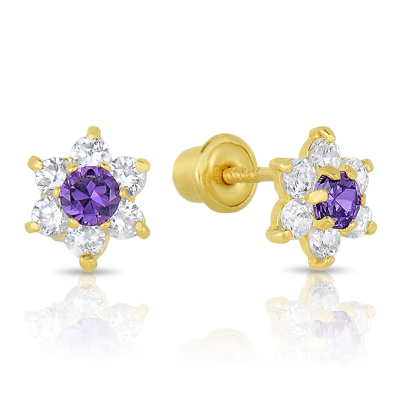 14K Yellow Gold Birthstone Halo Flower Stud Earrings. Available in 12 Colors