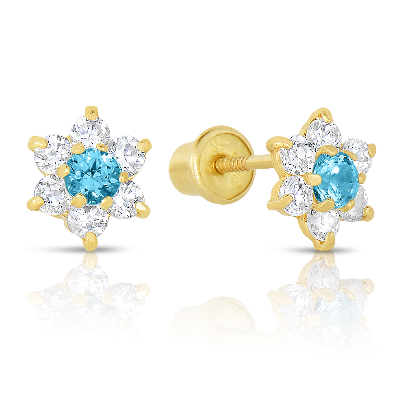 14K Yellow Gold Birthstone Halo Flower Stud Earrings. Available in 12 Colors