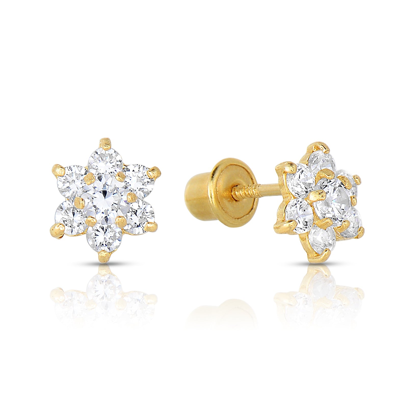 14K Yellow Gold Birthstone Halo Flower Stud Earrings. Available in 12 Colors