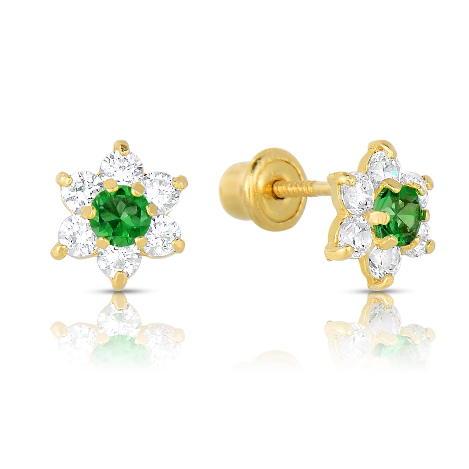 14K Yellow Gold Birthstone Halo Flower Stud Earrings. Available in 12 Colors