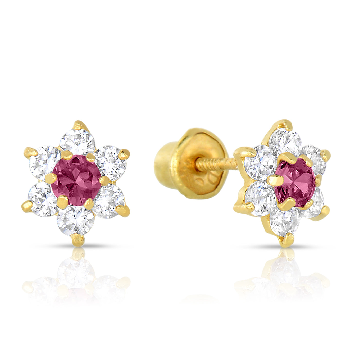 14K Yellow Gold Birthstone Halo Flower Stud Earrings. Available in 12 Colors