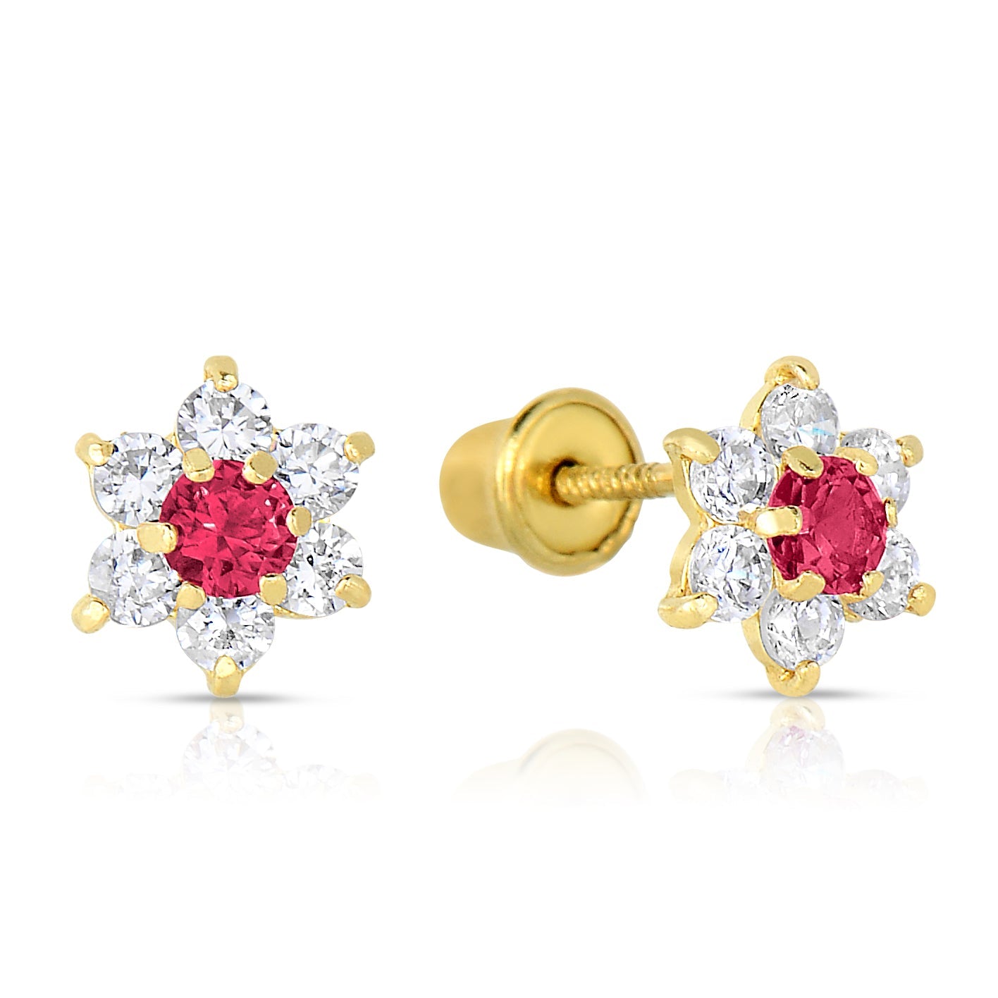 14K Yellow Gold Birthstone Halo Flower Stud Earrings. Available in 12 Colors