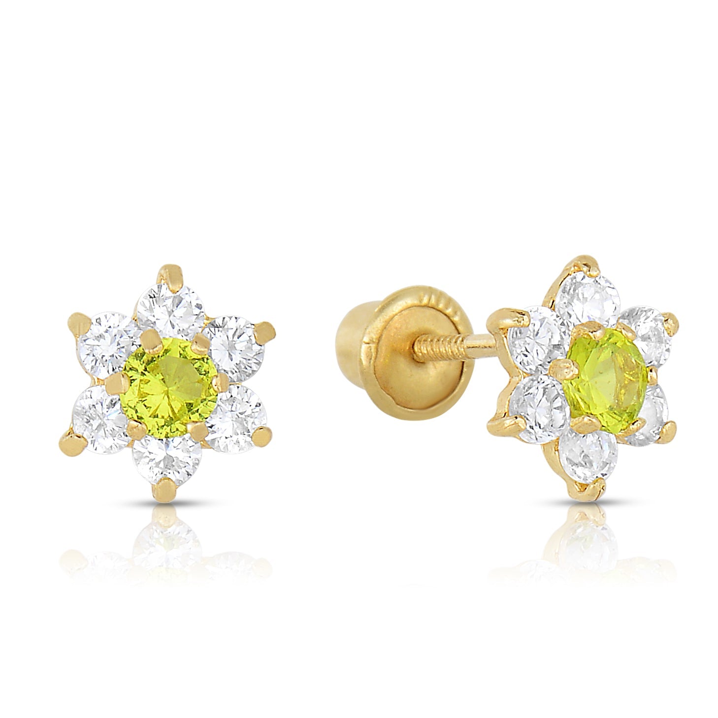 14K Yellow Gold Birthstone Halo Flower Stud Earrings. Available in 12 Colors