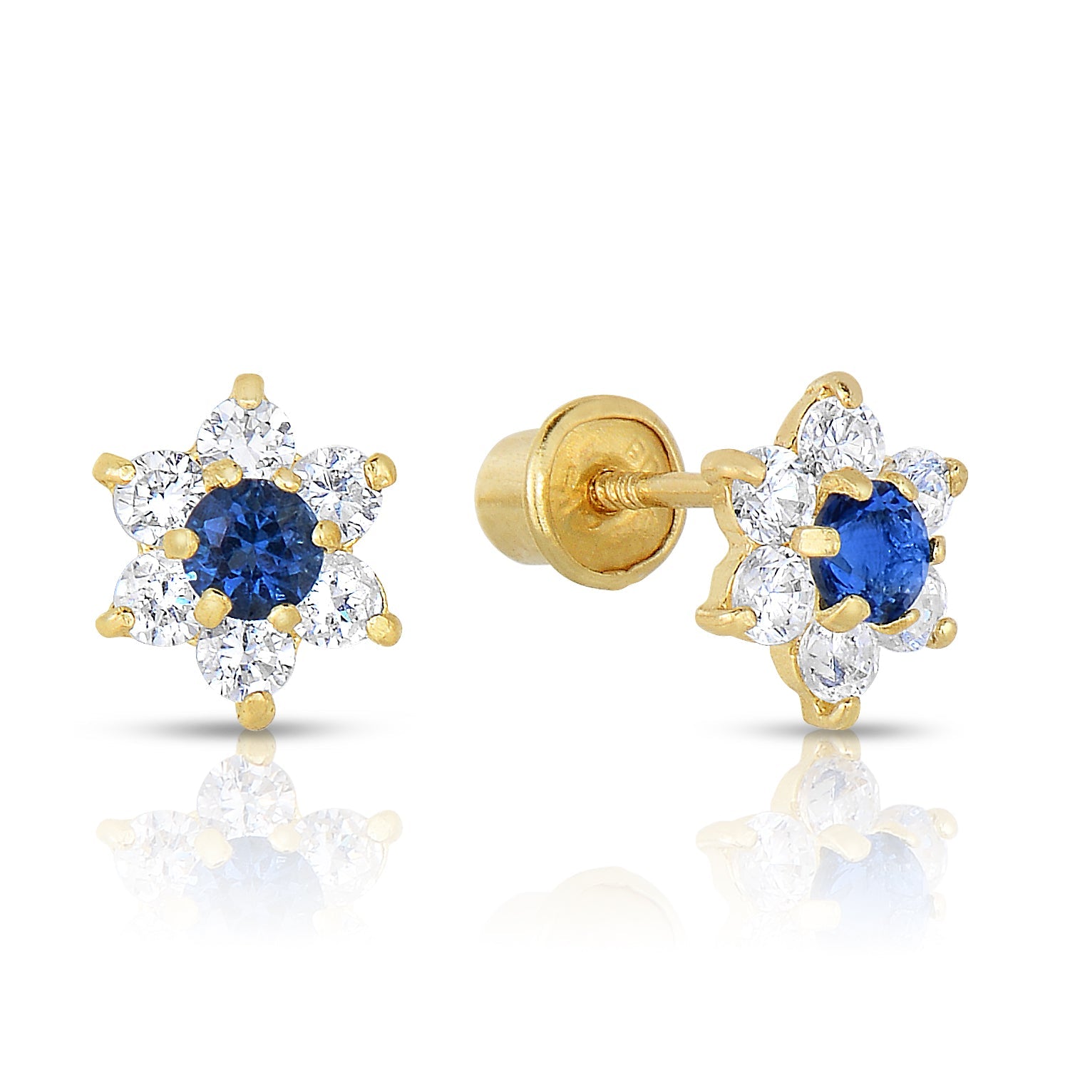 14K Yellow Gold Birthstone Halo Flower Stud Earrings. Available in 12 Colors