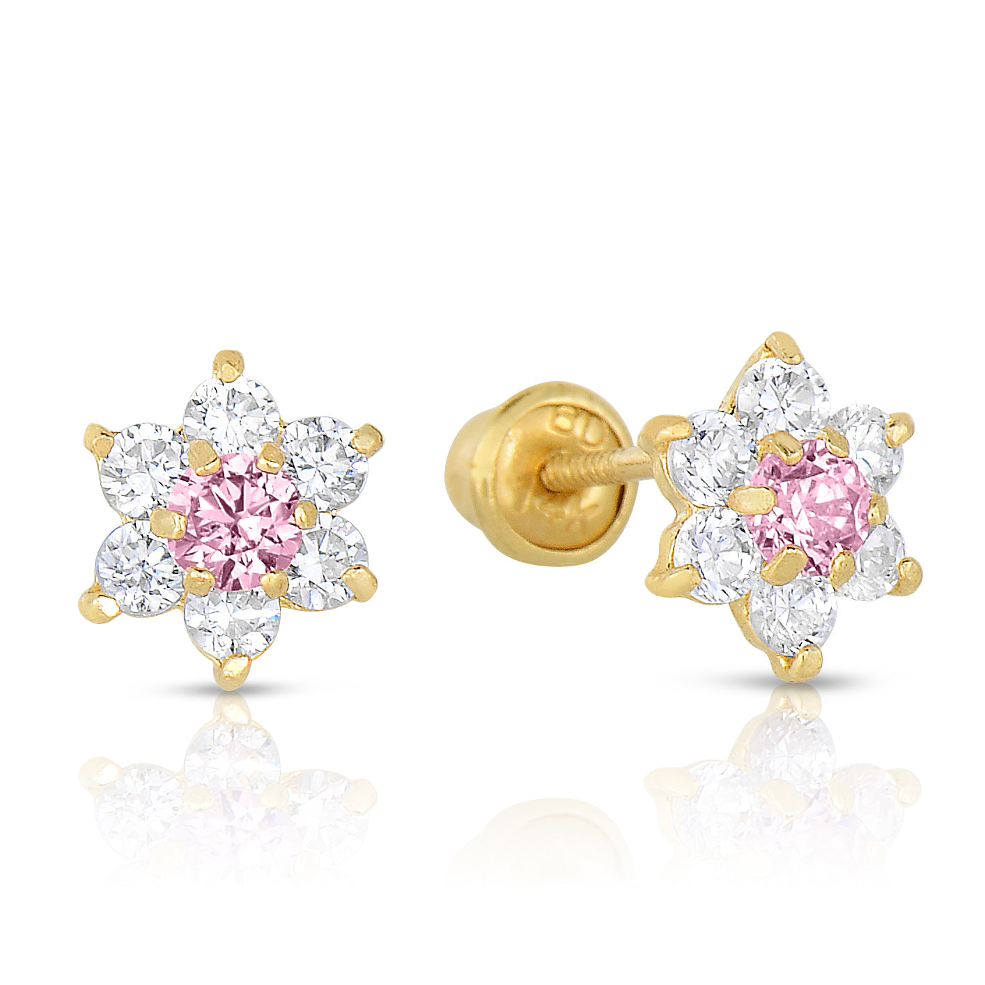 14K Yellow Gold Birthstone Halo Flower Stud Earrings. Available in 12 Colors