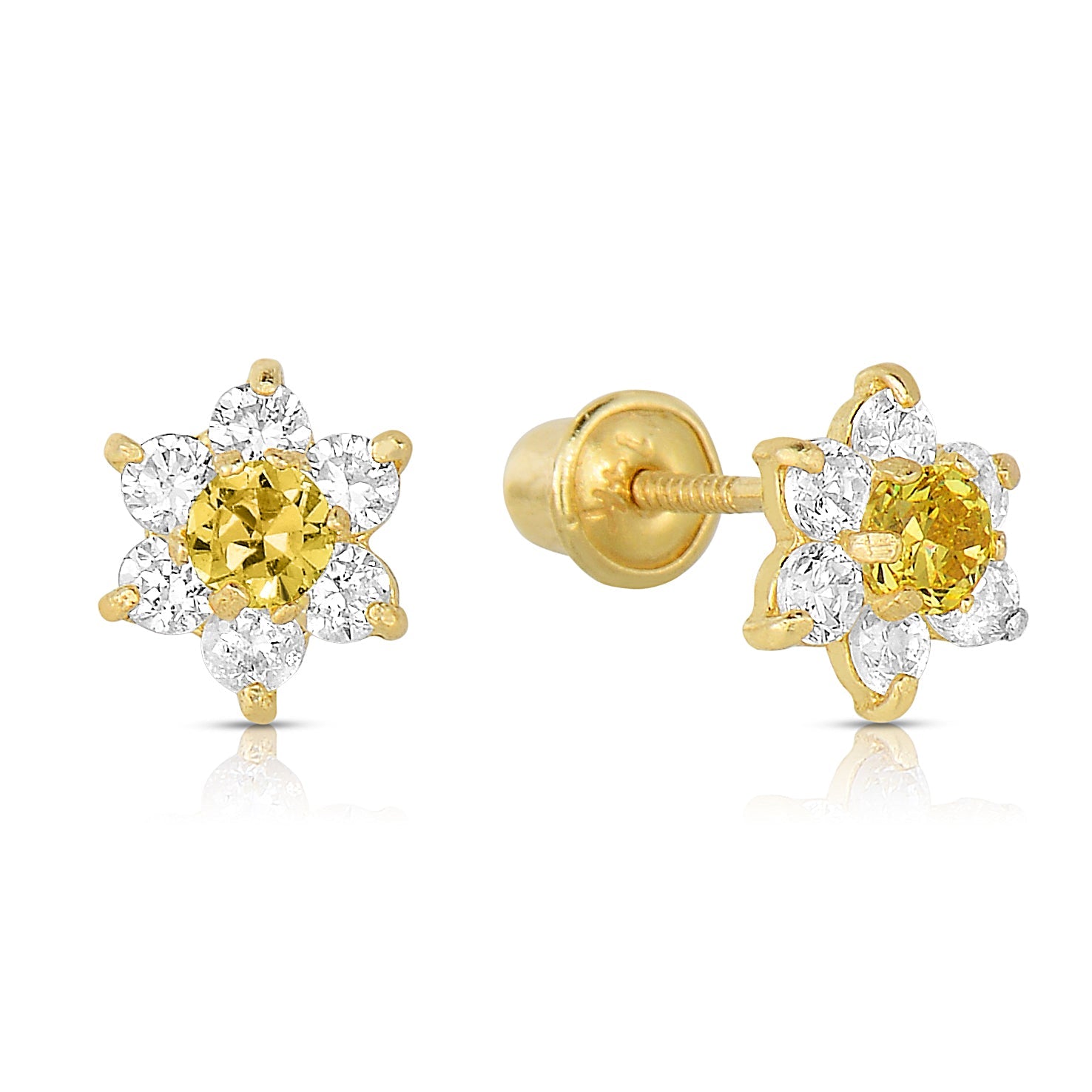 14K Yellow Gold Birthstone Halo Flower Stud Earrings. Available in 12 Colors