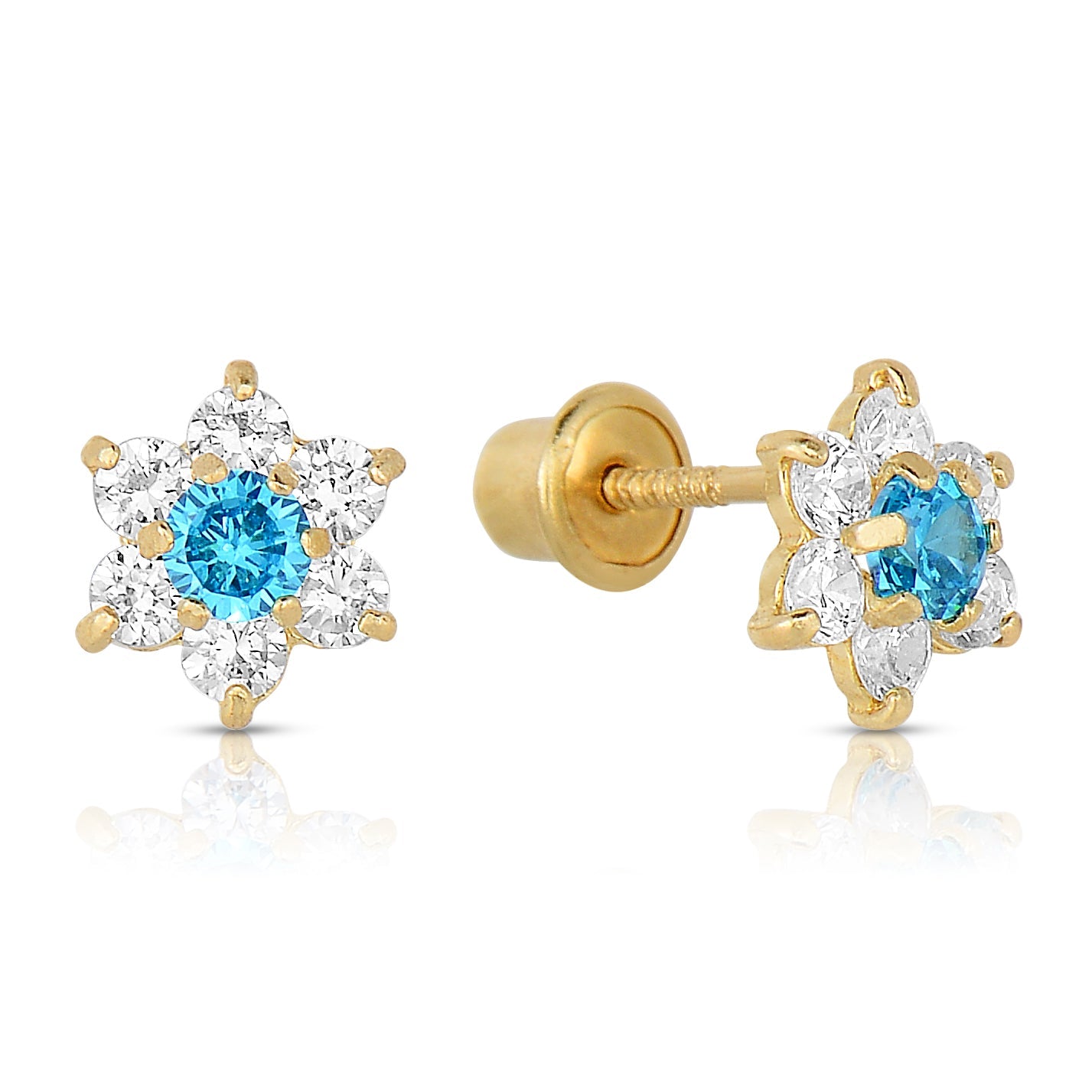 14K Yellow Gold Birthstone Halo Flower Stud Earrings. Available in 12 Colors