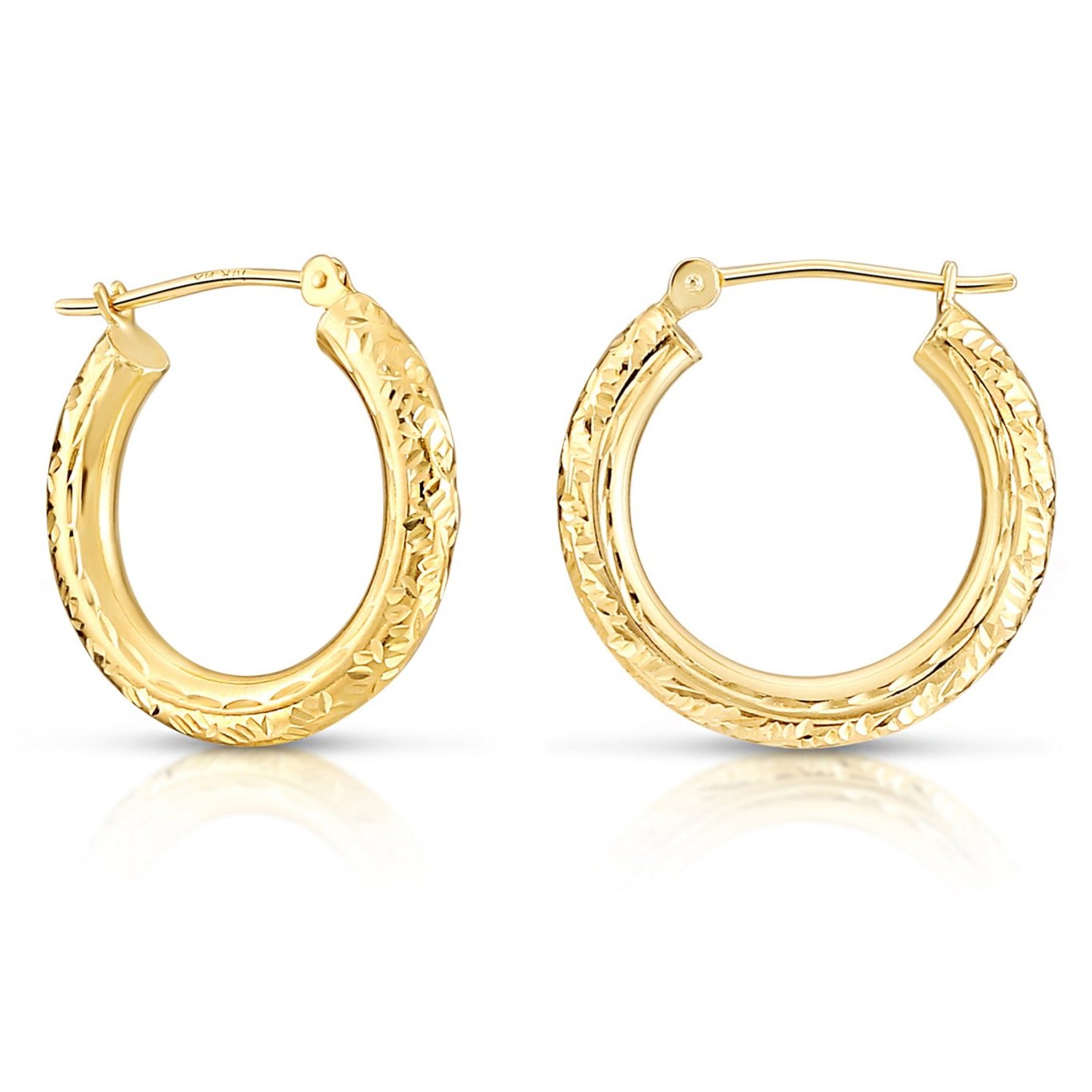 14K Solid Gold Tornado Hoop Earrings. Diamond-Cut & Hand Engraved Design. 3mm Thin