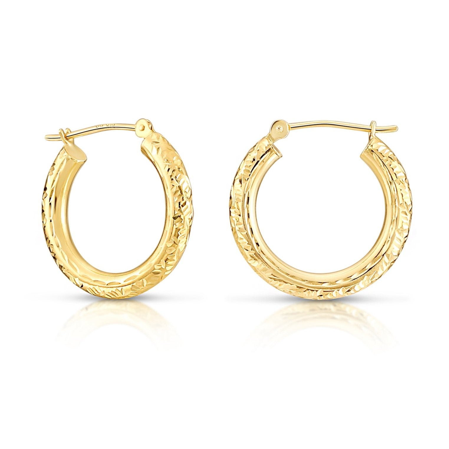 14K Solid Gold Tornado Hoop Earrings. Diamond-Cut & Hand Engraved Design. 3mm Thin