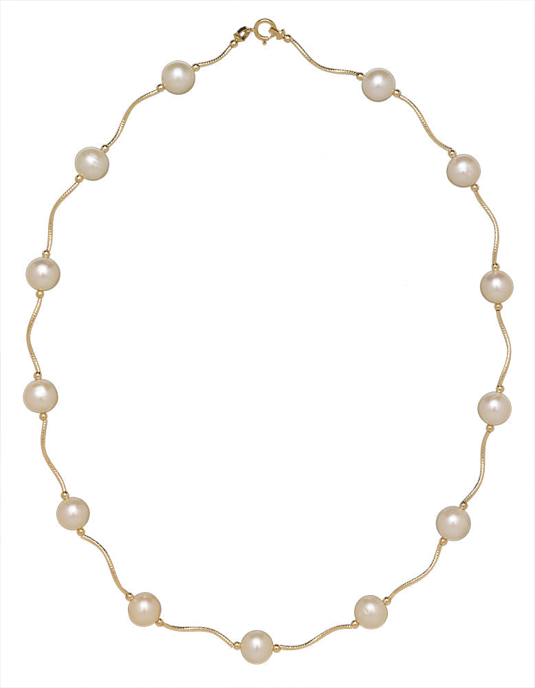 14K Gold Freshwater Pearls Station Engraved Necklace