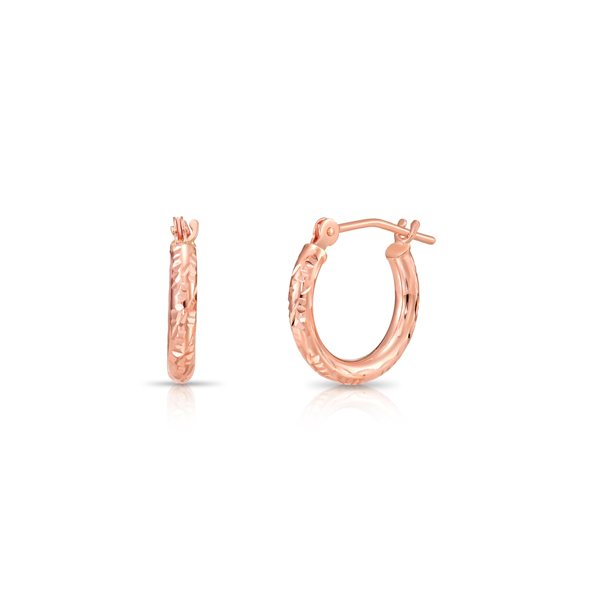 14k Rose Gold Tornado Diamond Cut Hoop Earrings. 2mm Thin