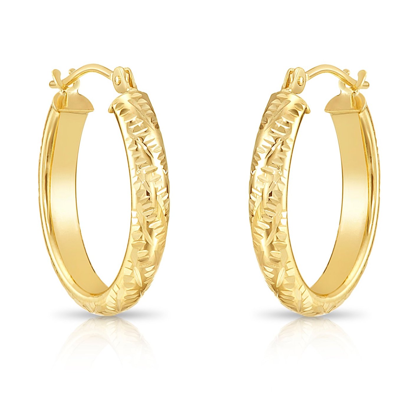 14K Yellow Gold Tornado Diamond-cut Oval Hoop Earrings