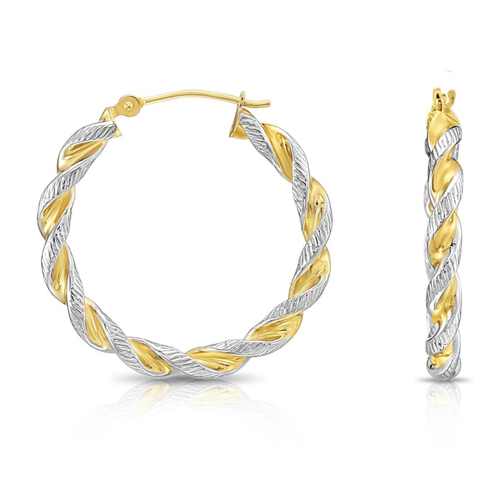 14K Yellow Gold Two-Tone Twisted Hoop Earrings With Engraved Diamond-Cuts