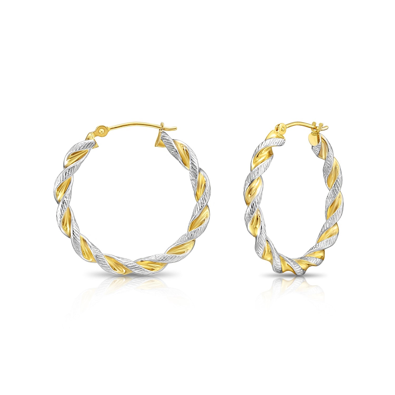 14K Yellow Gold Two-Tone Twisted Hoop Earrings With Engraved Diamond-Cuts