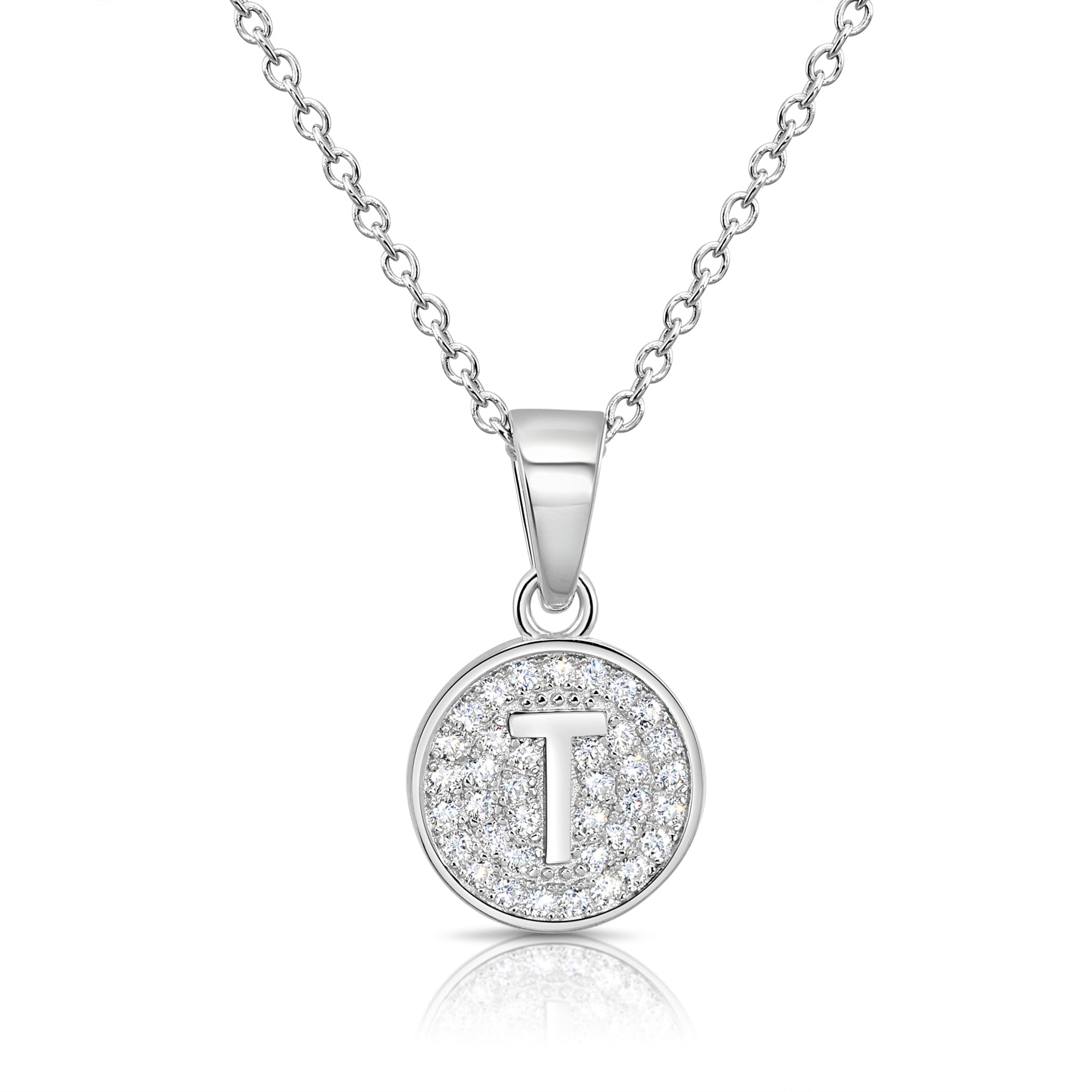 CZ Initial Round Charm Necklace (Letters A-Z) 16 18 in Sterling Silver