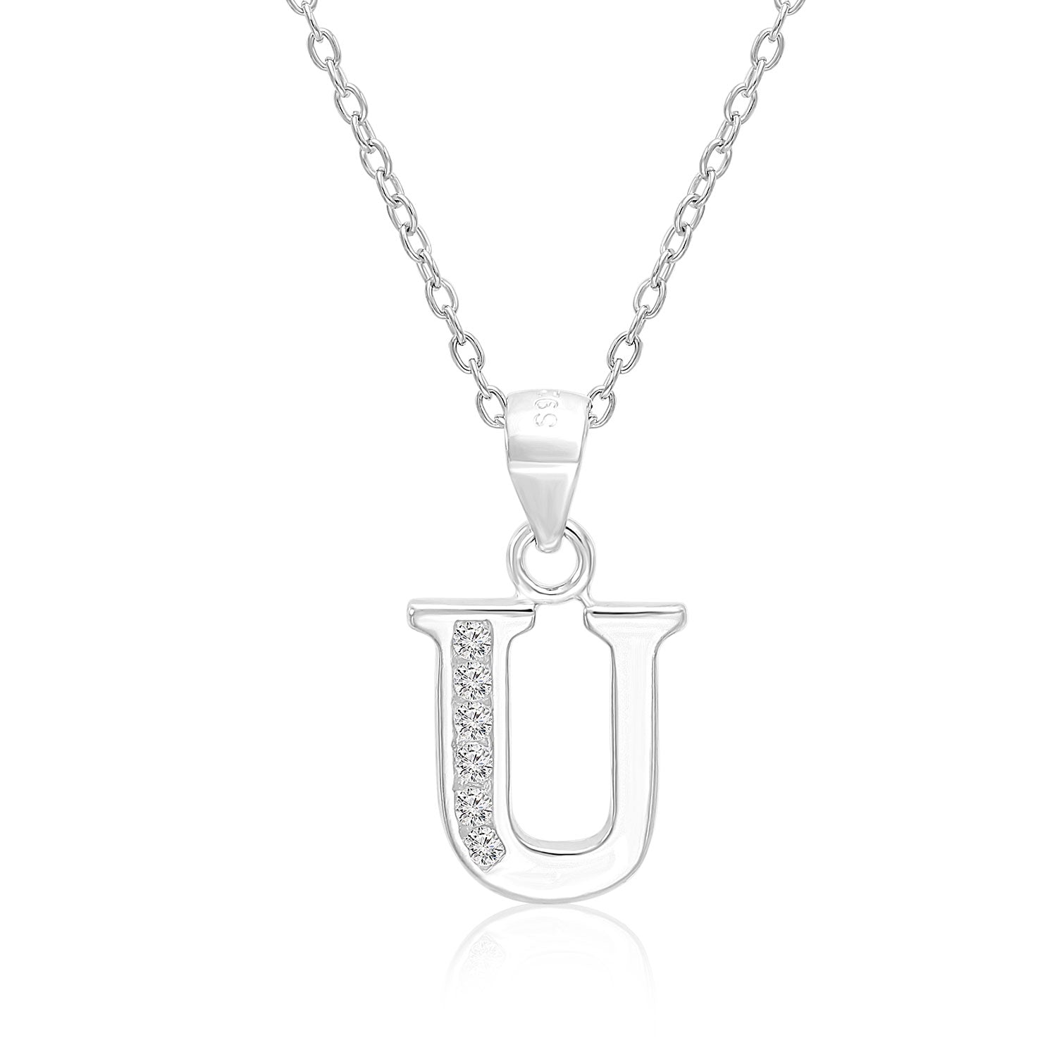 CZ Initial Charm Necklace. All Letters in Sterling Silver