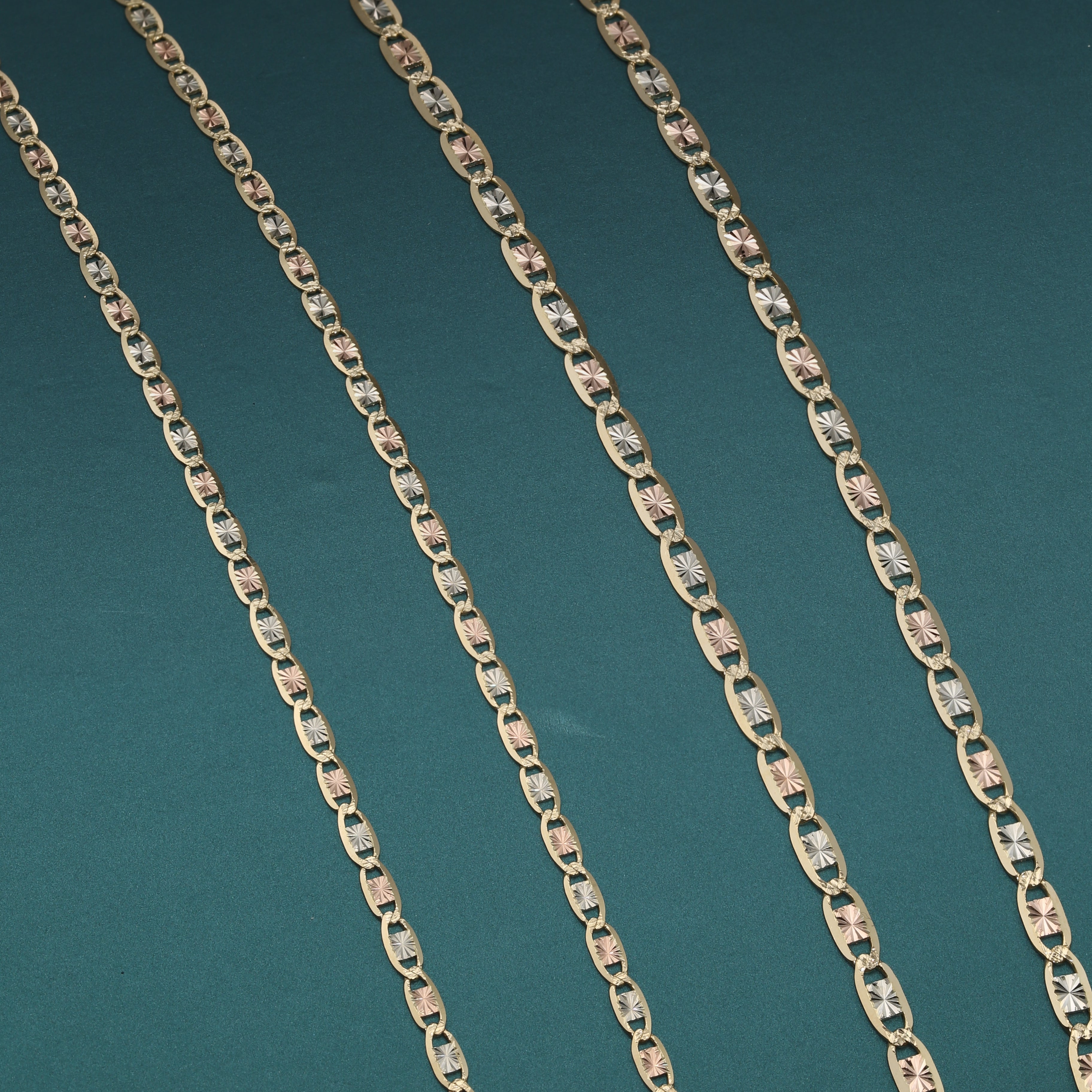 14K Solid Yellow Gold Tri-Color Valentino Link Chain Necklace 2.5mm-3.5mm. 16-20