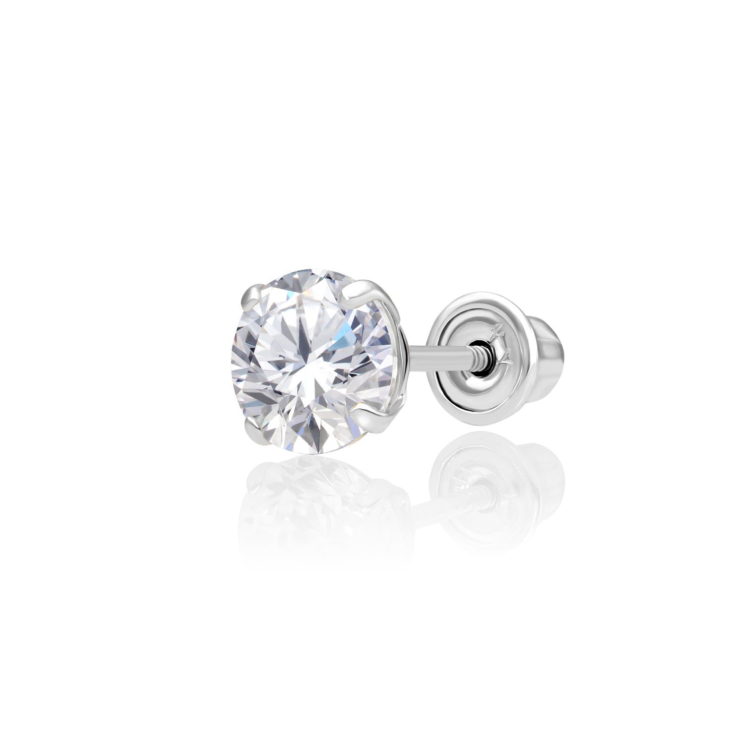 14k White Gold Classic Zirconia Solitaire Stud. Single Earring. Screwback (Unisex)