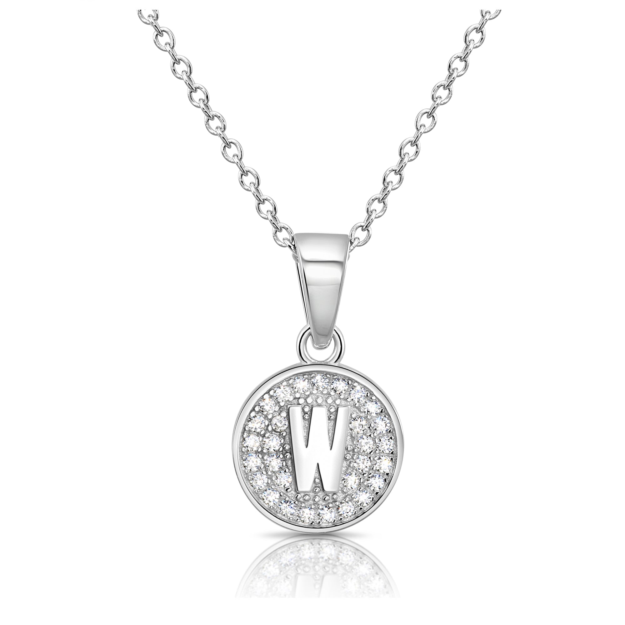 CZ Initial Round Charm Necklace (Letters A-Z) 16 18 in Sterling Silver